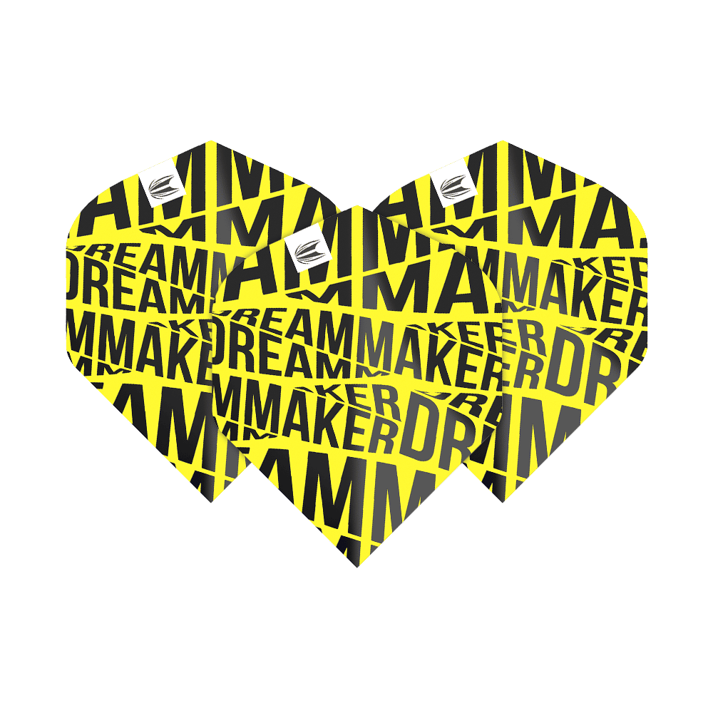 Das Bild zeigt drei gelbe Dart-Flights mit schwarzem Schriftzug "DREAMMAKER". Es handelt sich um die Target Pro Ultra Dimitri Van Den Bergh Yellow No2 Standard Flights.