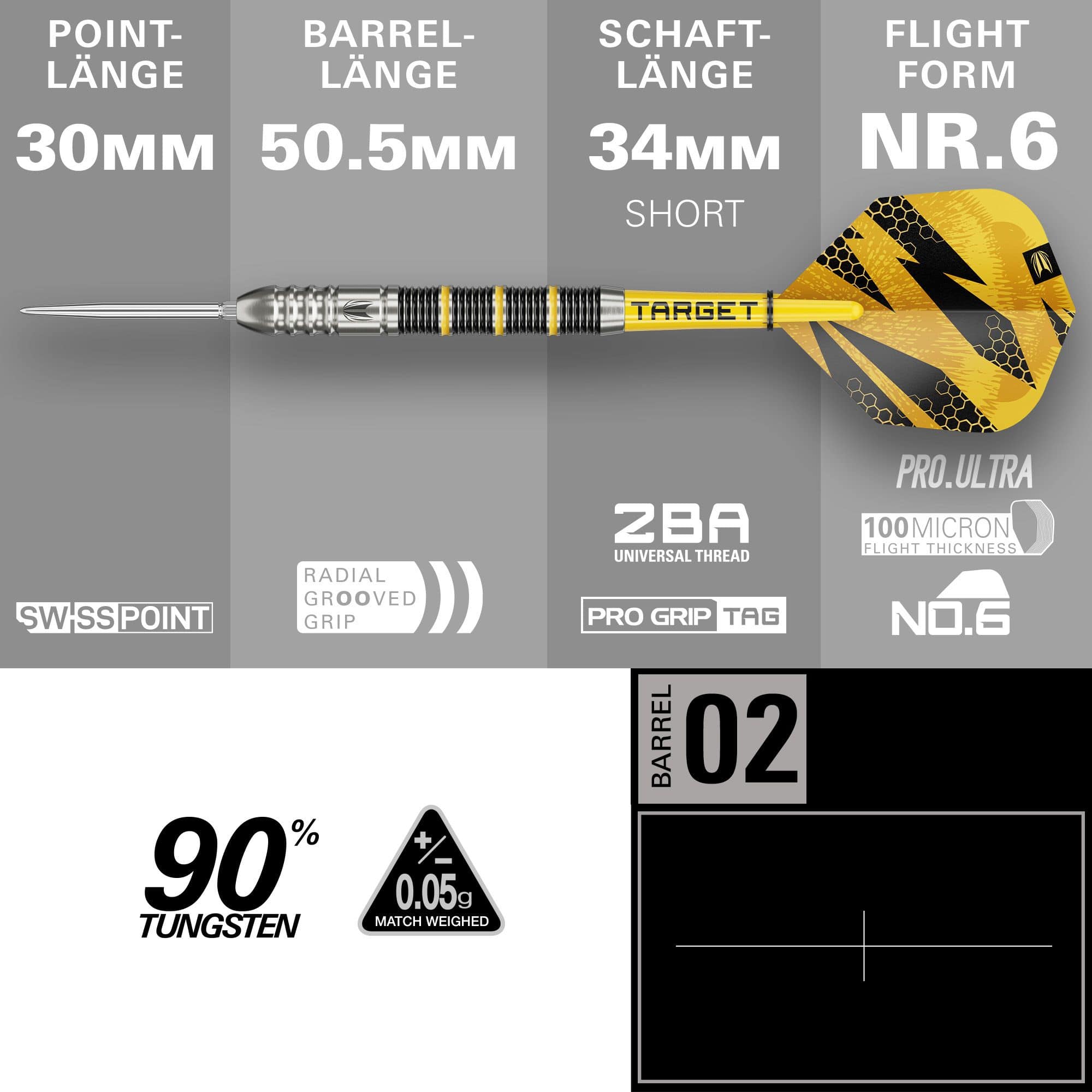 Hier sieht man die Target Buzz 02 Swiss Points Steeldarts. Die Darts sind deutlich und im Detail abgebildet.