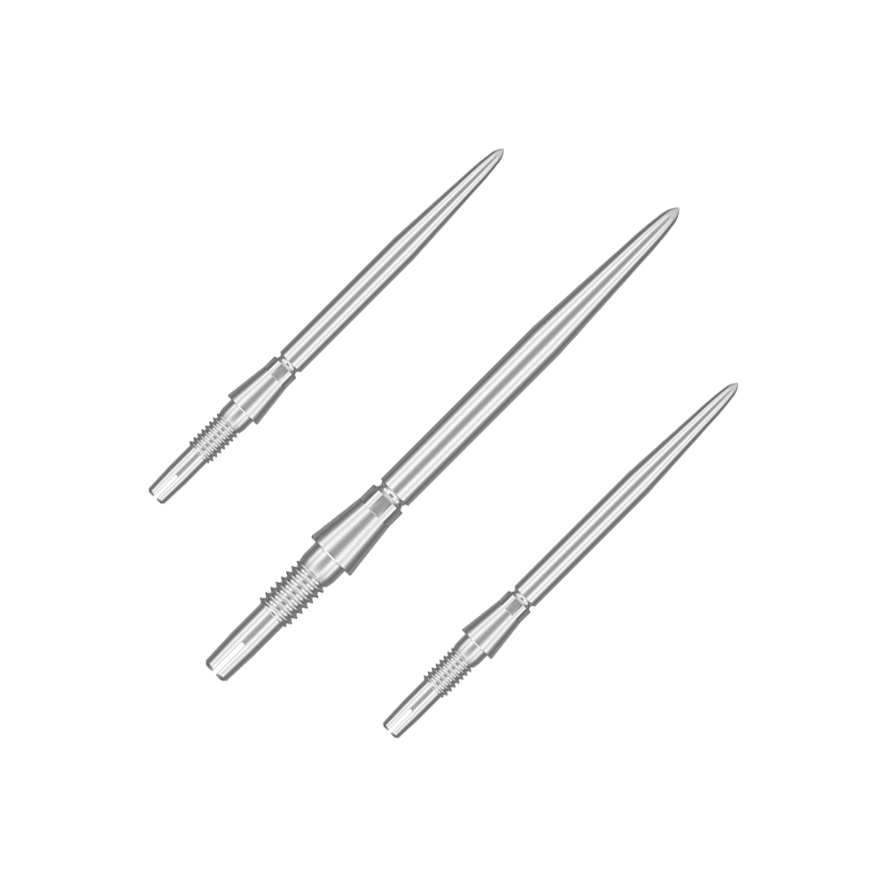Target Swiss Storm Point Dartspitzen - Silber Das Bild zeigt drei silberne Dartspitzen, die nebeneinander liegen. Sie sind schlank, glänzend und haben ein präzises, spitzes Design.