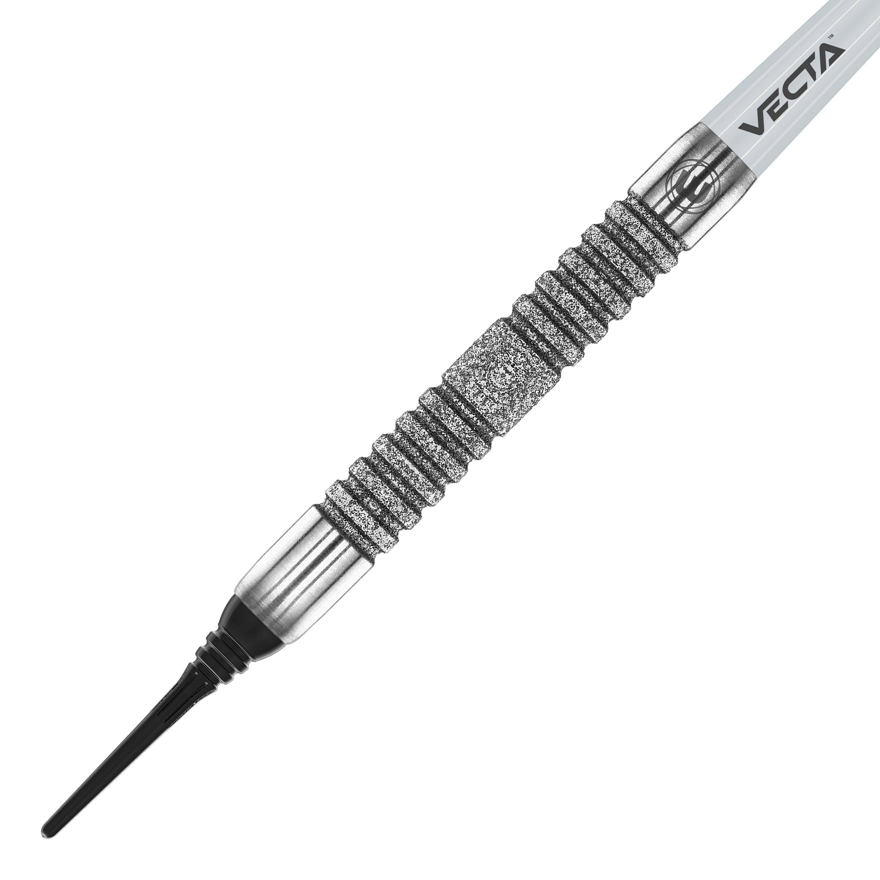 Das Bild zeigt den Winmau Jules Van Dongen Softdart mit einem Gewicht von 20g. Der Dart hat ein silbernes, geriffeltes Griffstück und eine schwarze Spitze.