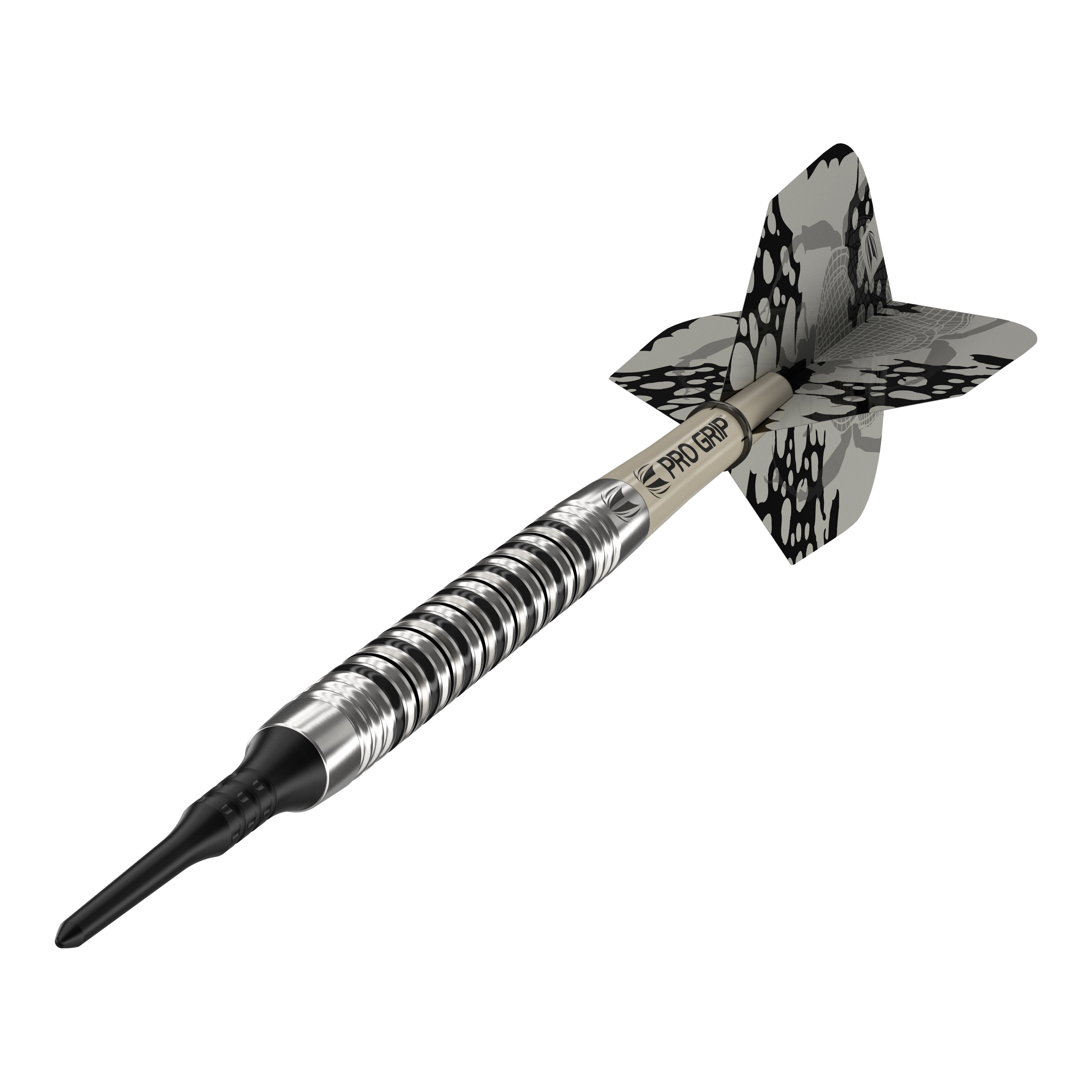 Target EXO 11 Softdarts Das Bild zeigt den Softdart "Target EXO 11". Er hat ein silber-schwarzes Design mit einem gemusterten Flight und einem Pro Grip Schaft.