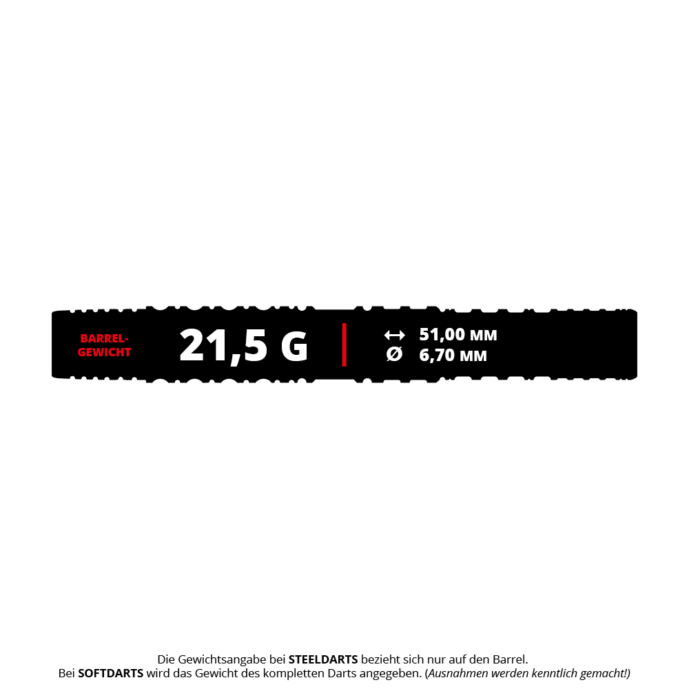 Das Bild zeigt die Spezifikationen des Produkts "Target Japan Prime Series Sirius GEN4 Softdarts - 21,5g". Es wiegt 21,5 Gramm, ist 51,00 mm lang und hat einen Durchmesser von 6,70 mm.