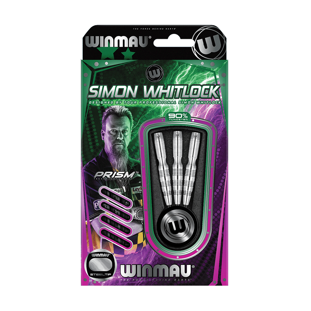 Auf dem Bild ist eine Packung mit "Winmau Simon Whitlock 90% Tungsten Steeldarts" zu sehen. Die Verpackung zeigt drei silberne Steeldarts und ein Bild von Simon Whitlock.