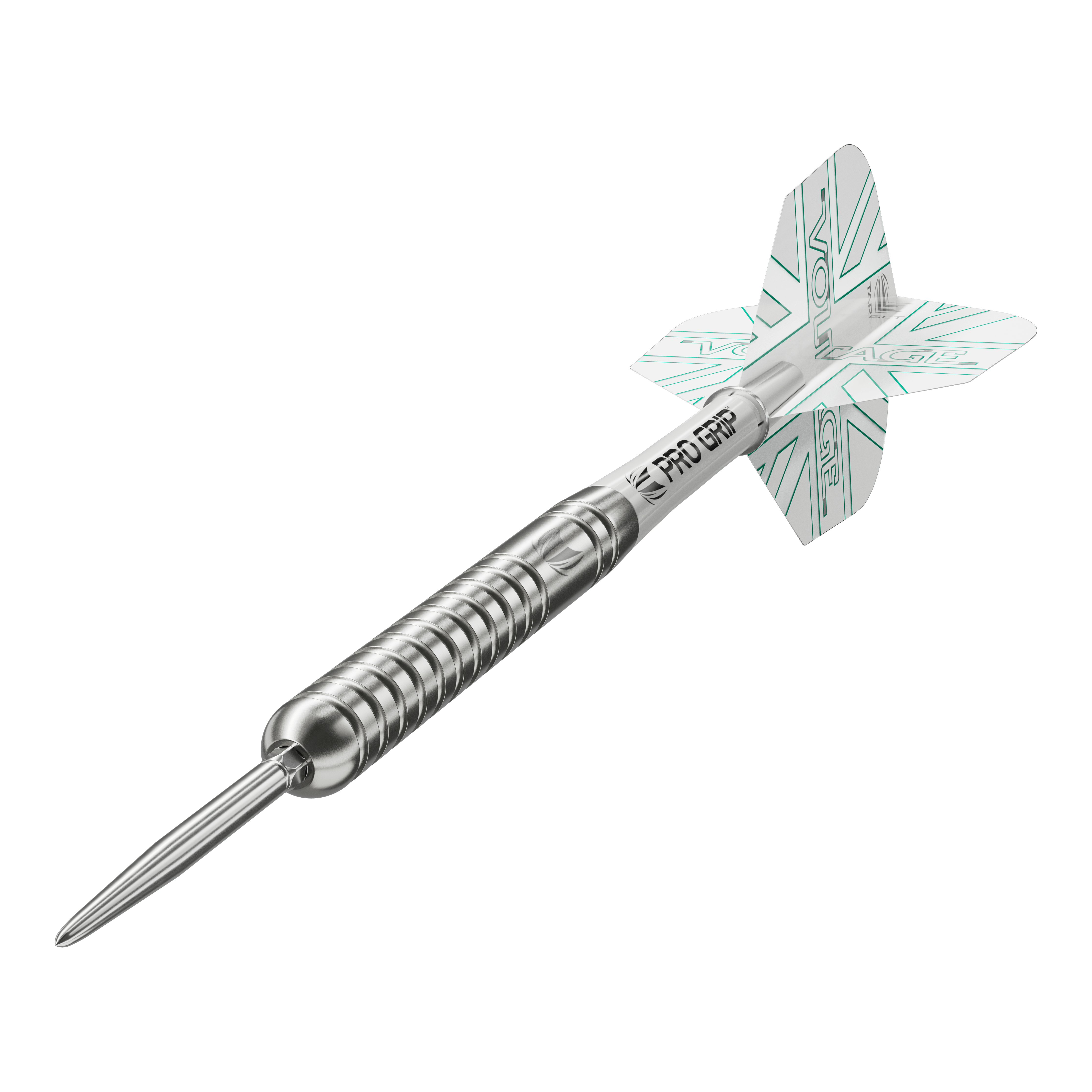 Target Rob Cross Voltage Swiss Point Steeldarts Das Bild zeigt einen Target Rob Cross Voltage Swiss Point Steeldart. Der Dartpfeil ist silbern und hat weiße Flights mit grünen Akzenten.