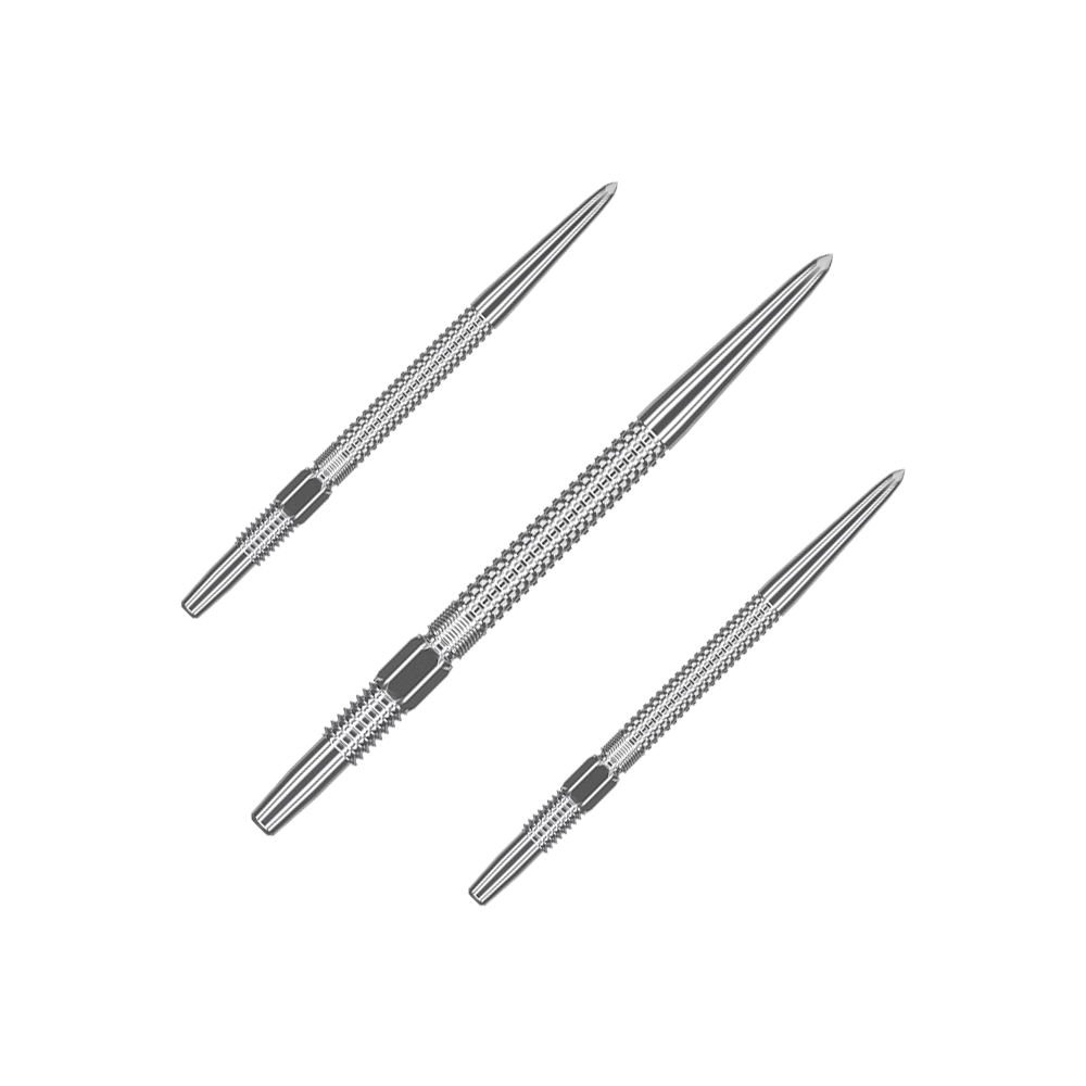 Target Swiss Point GRD Silver Dartspitzen Das Bild zeigt drei silberne Dartspitzen des Produkts "Target Swiss Point GRD Silver Dartspitzen". Sie sind schlank, aus Metall gefertigt und haben eine strukturierte Oberfläche für besseren Halt.