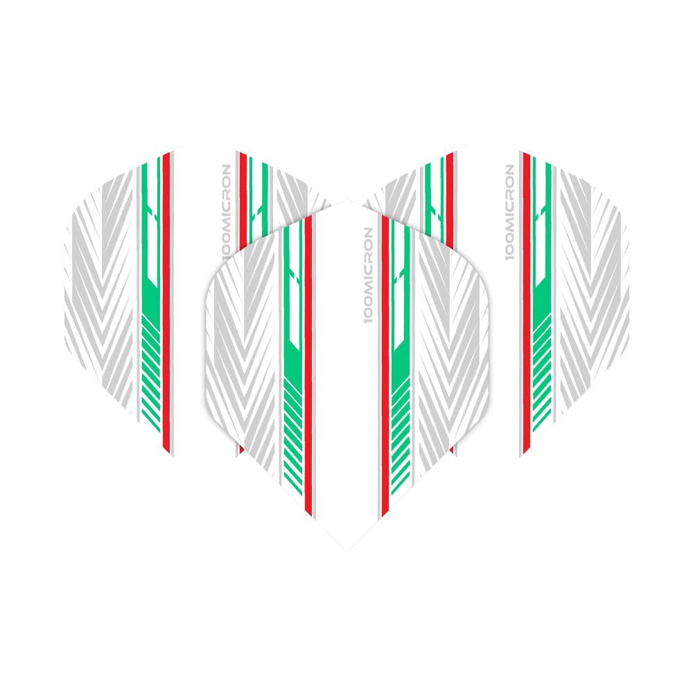 Pentathlon Flights weiß/grün/rot Das Bild zeigt die "Pentathlon White Green Red No2 Standard Flights" für Dartpfeile. Die Flights sind weiß mit auffälligen grünen, roten und silbernen Streifen gestaltet.