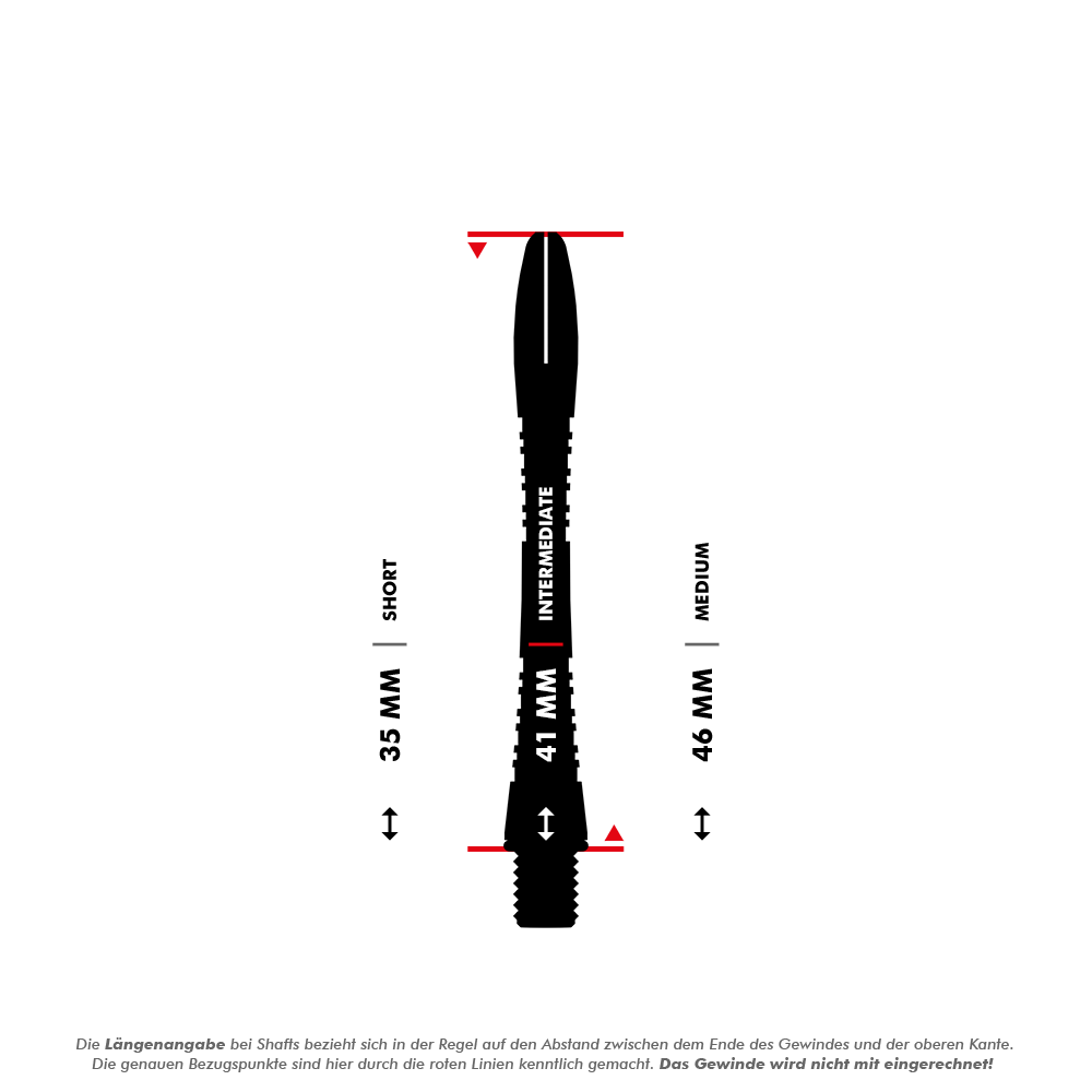Das Bild zeigt drei verschiedene Längen von Dartschäften: 35 mm (Short), 41 mm (Intermediate) und 46 mm (Medium). Die Längenangabe bezieht sich auf den Abstand zwischen dem Ende des Gewindes und der oberen Kante, das Gewinde wird nicht mit eingerechnet.