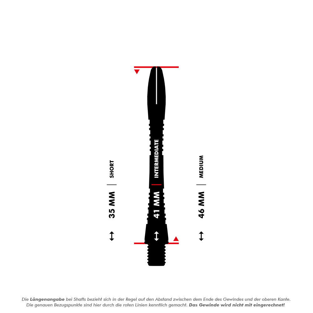 7013_Winmau_Triad_Aluminium_Shafts_5_41mm8Mw37BasIFC4o Das Bild zeigt drei verschiedene Längen von Dartschäften: 35 mm (Short), 41 mm (Intermediate) und 46 mm (Medium). Die Längenangabe bezieht sich auf den Abstand zwischen dem Ende des Gewindes und der oberen Kante, das Gewinde wird nicht mit eingerechnet.
