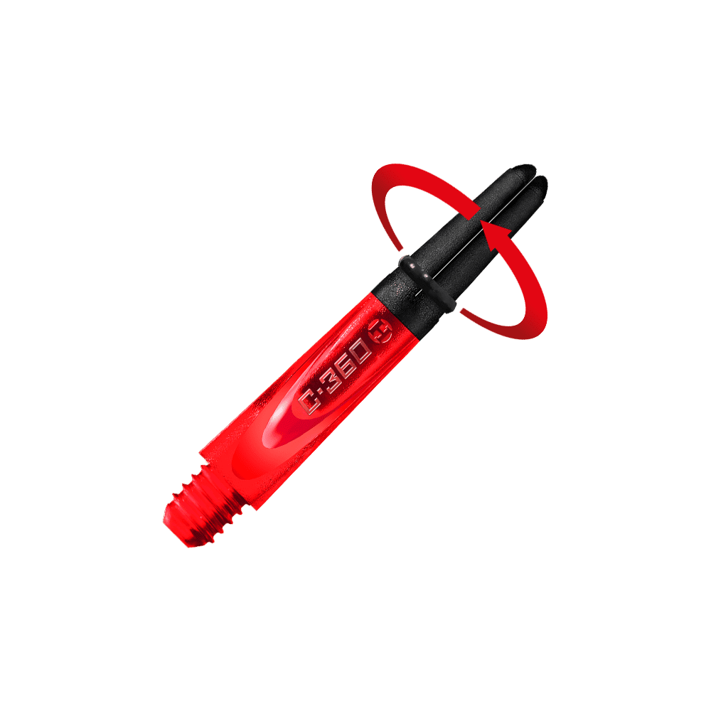 HR455_Harrows_Carbon_360_Shafts_Rot_35mm_2_Symbol Das Bild zeigt einen roten Dart-Schaft mit der Aufschrift "C-360". Ein Pfeil deutet darauf hin, dass sich das obere schwarze Teil des Schafts drehen kann.