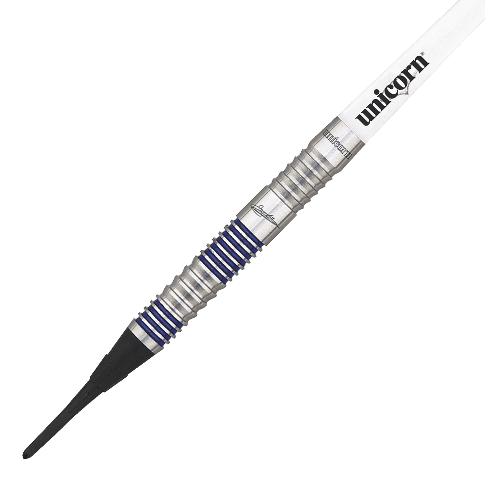 Auf dem Bild ist ein silberner Dartpfeil mit blauen Ringen und schwarzer Spitze zu sehen. Auf dem Schaft steht das Wort "unicorn" in schwarzer Schrift.