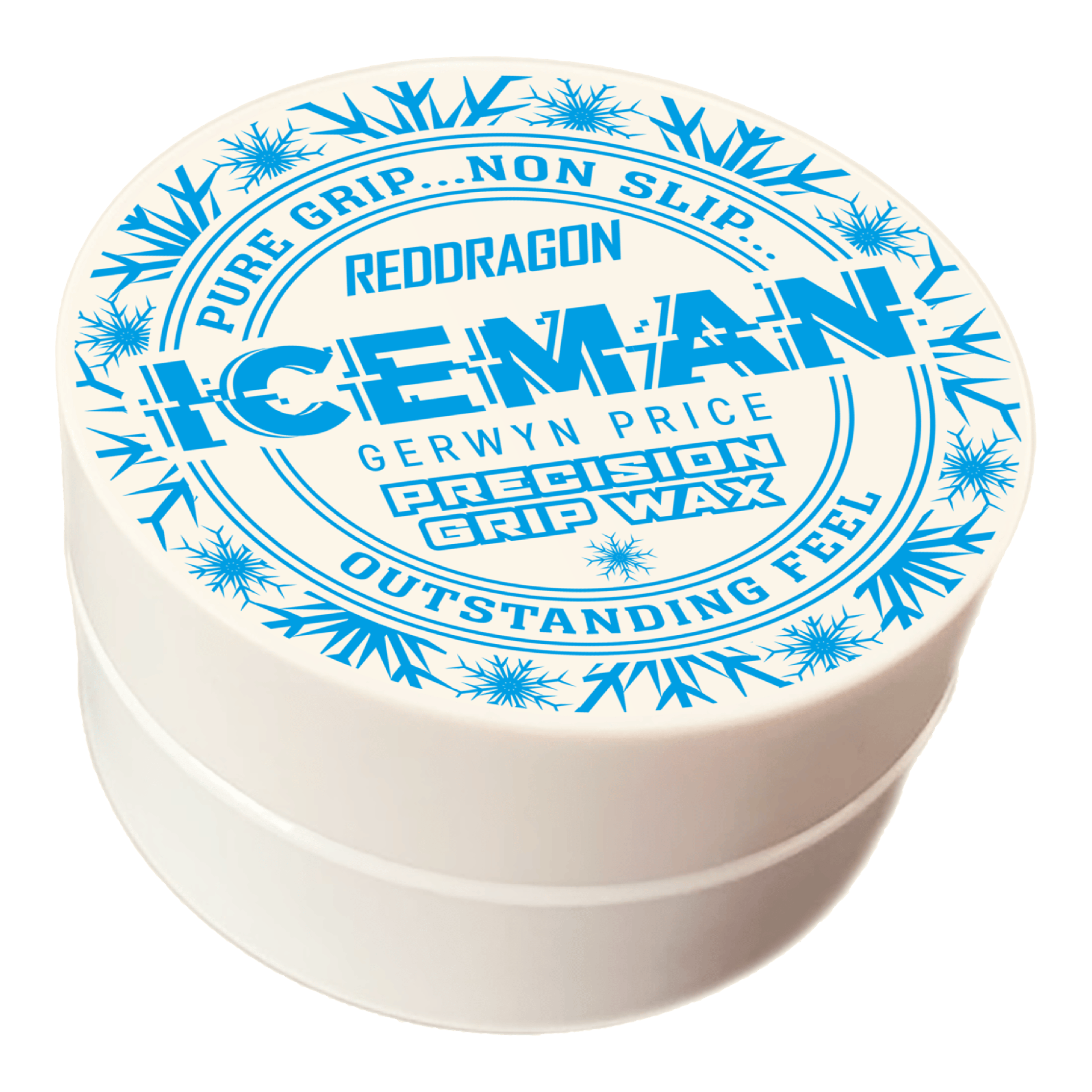 Red Dragon Gerwyn Price Iceman Precision Grip Wax Fingerwachs Das Bild zeigt eine weiße Dose mit der Aufschrift „Red Dragon Gerwyn Price Iceman Precision Grip Wax“. Auf dem Deckel sind blaue Schneeflocken und Werbeslogans wie „Pure Grip… Non Slip… Outstanding Feel“ abgebildet.
