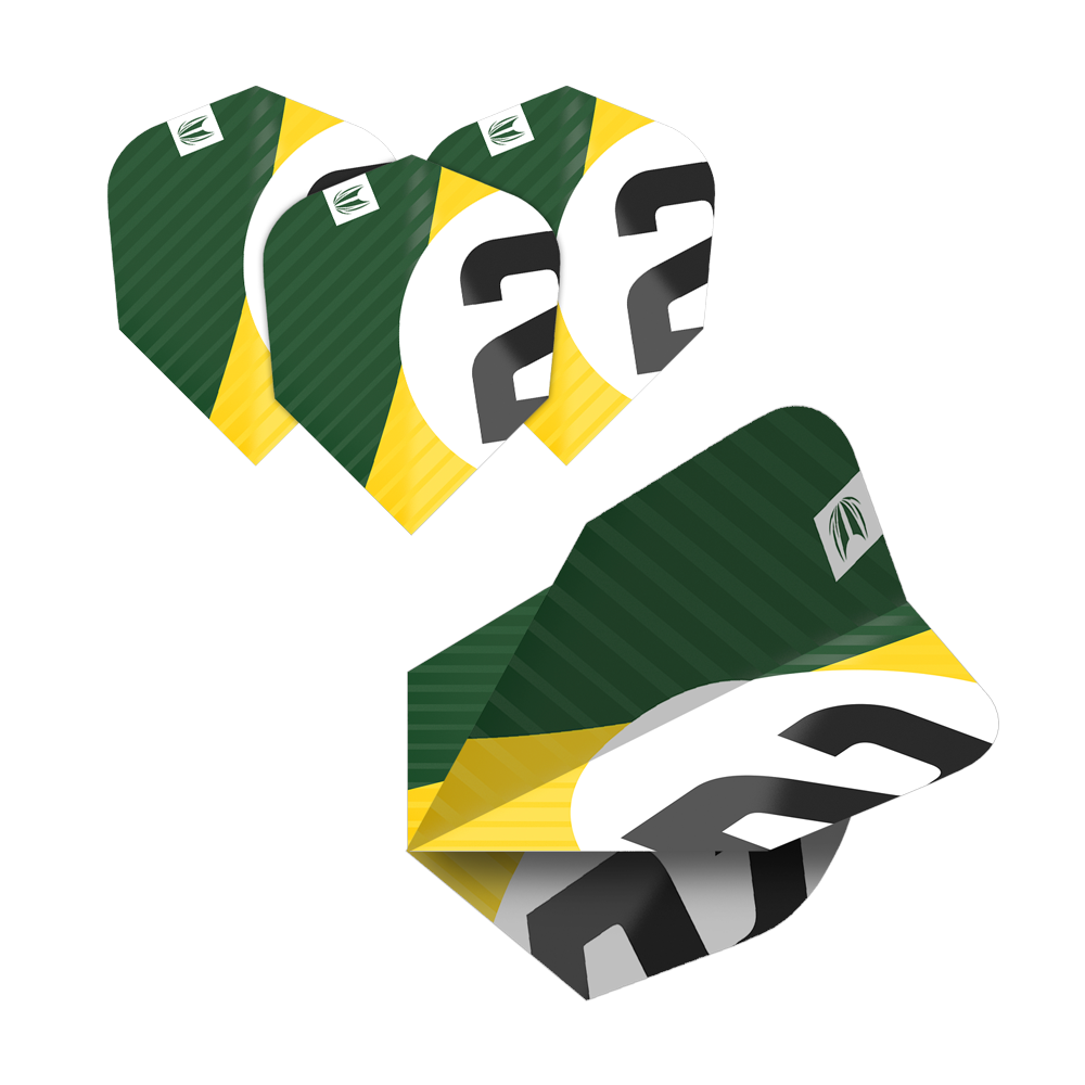 Das Bild zeigt fünf Sätze Target Pro Ultra Chicane Ten-X Flights für Darts. Die Flights sind grün, gelb und weiß mit einer schwarzen Zahl und haben ein modernes Design.