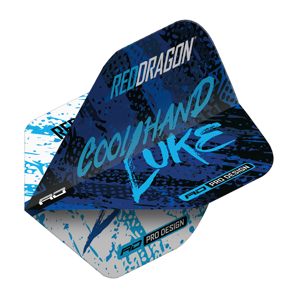 Red Dragon Luke Humphries World Champion Blue White Yin Yang Standard Flights Das Bild zeigt ein Dart-Flight im Design "Red Dragon Luke Humphries World Champion Blue White Yin Yang Standard Flights". Auf dem Flight stehen die Worte "Cool Hand Luke" in blauer Schrift auf einem blau-weißen Hintergrund.