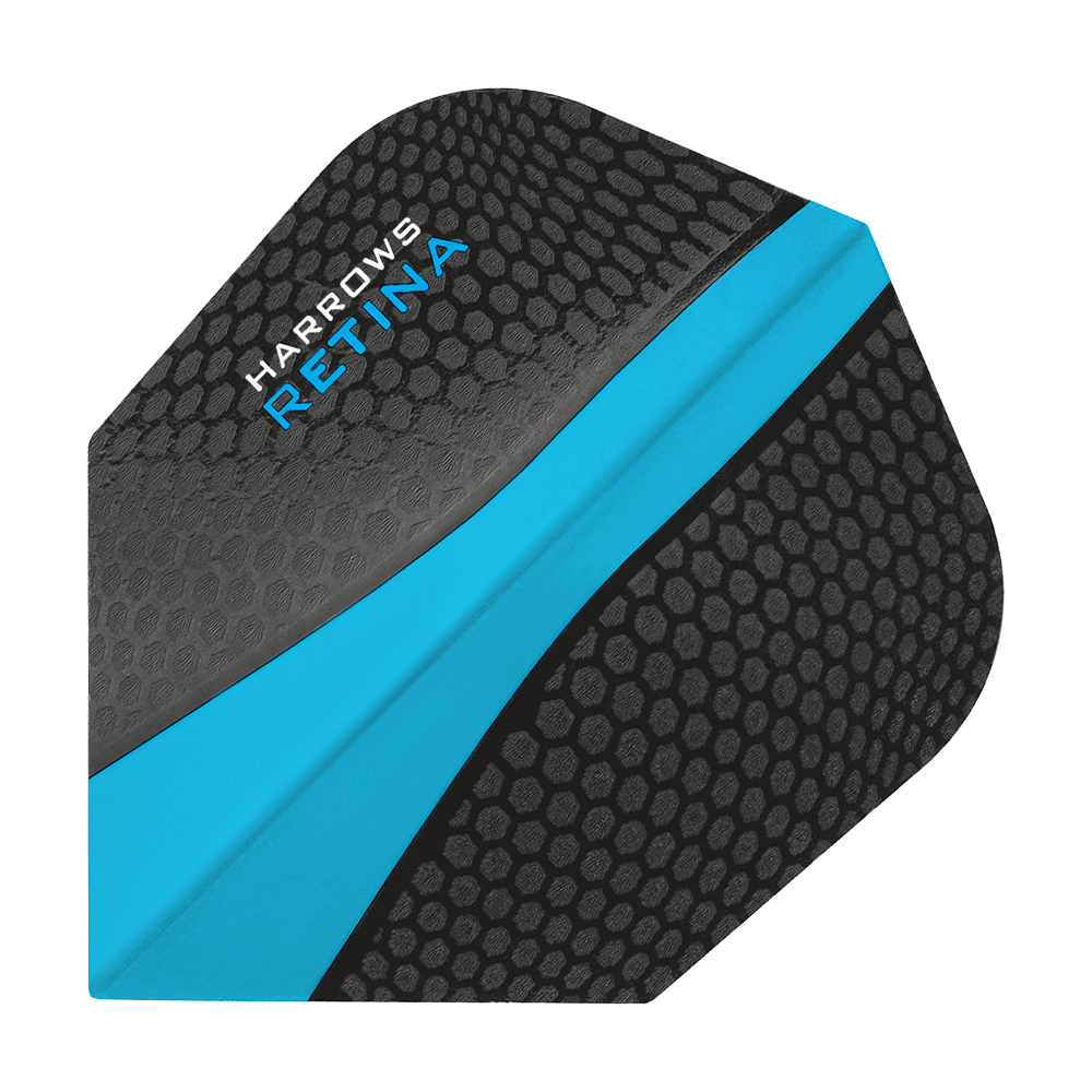 Das Bild zeigt ein Harrows Retina Aqua No6 Dartflight. Das Flight ist schwarz mit einem blauen Streifen und einer wabenartigen Struktur.