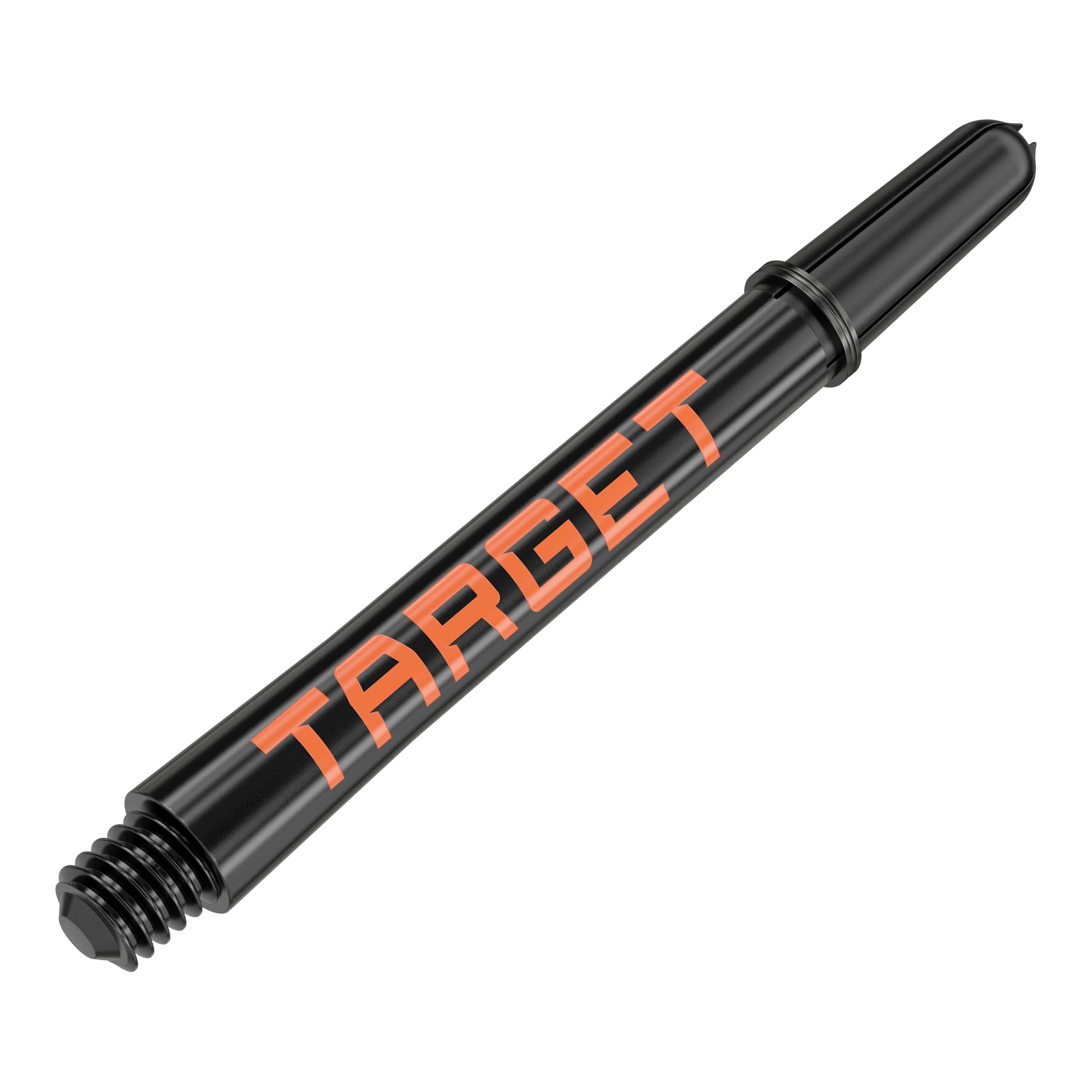 Das Bild zeigt einen schwarzen Dart-Schaft mit orangener Aufschrift "TARGET". Der Schaft hat eine Länge von 48 mm und ist für den Dartsport geeignet.