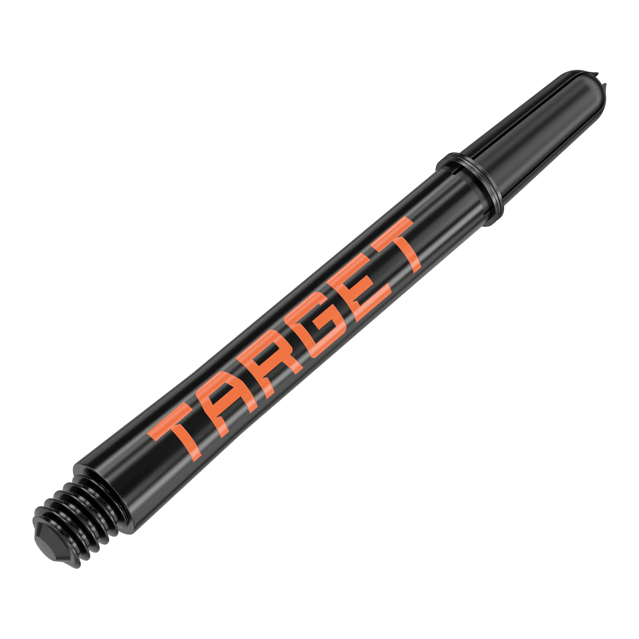 Target Pro Grip TAG Shafts - 3 Sets - Schwarz Orange Das Bild zeigt einen schwarzen Dart-Schaft mit orangener Aufschrift "TARGET". Der Schaft hat eine Länge von 48 mm und ist für den Dartsport geeignet.