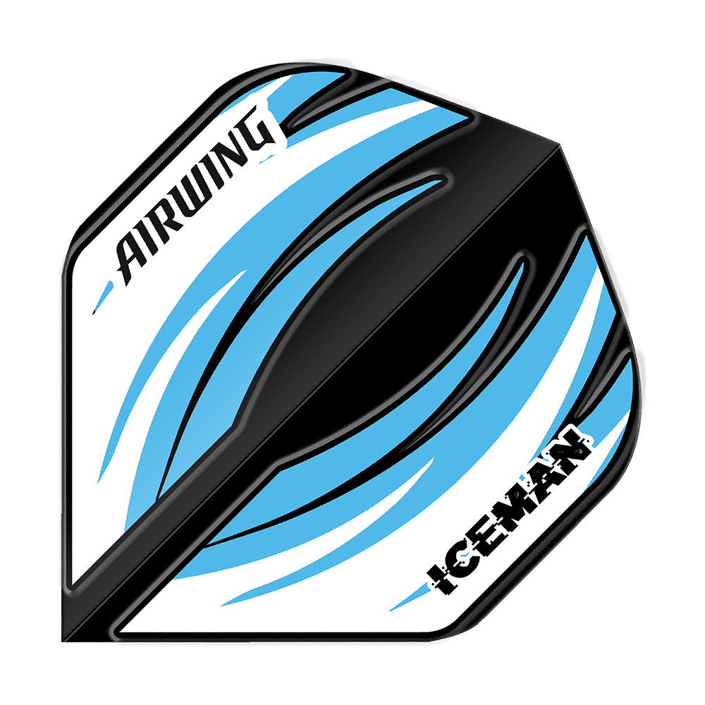 Dies ist ein Dart-Flügel in Schwarz, Blau und Weiß mit dem Design "Airwing" und dem Schriftzug "ICEMAN". Das Produkt heißt "Red Dragon Airwing Gerwyn Price Black Blue Standard Flights".