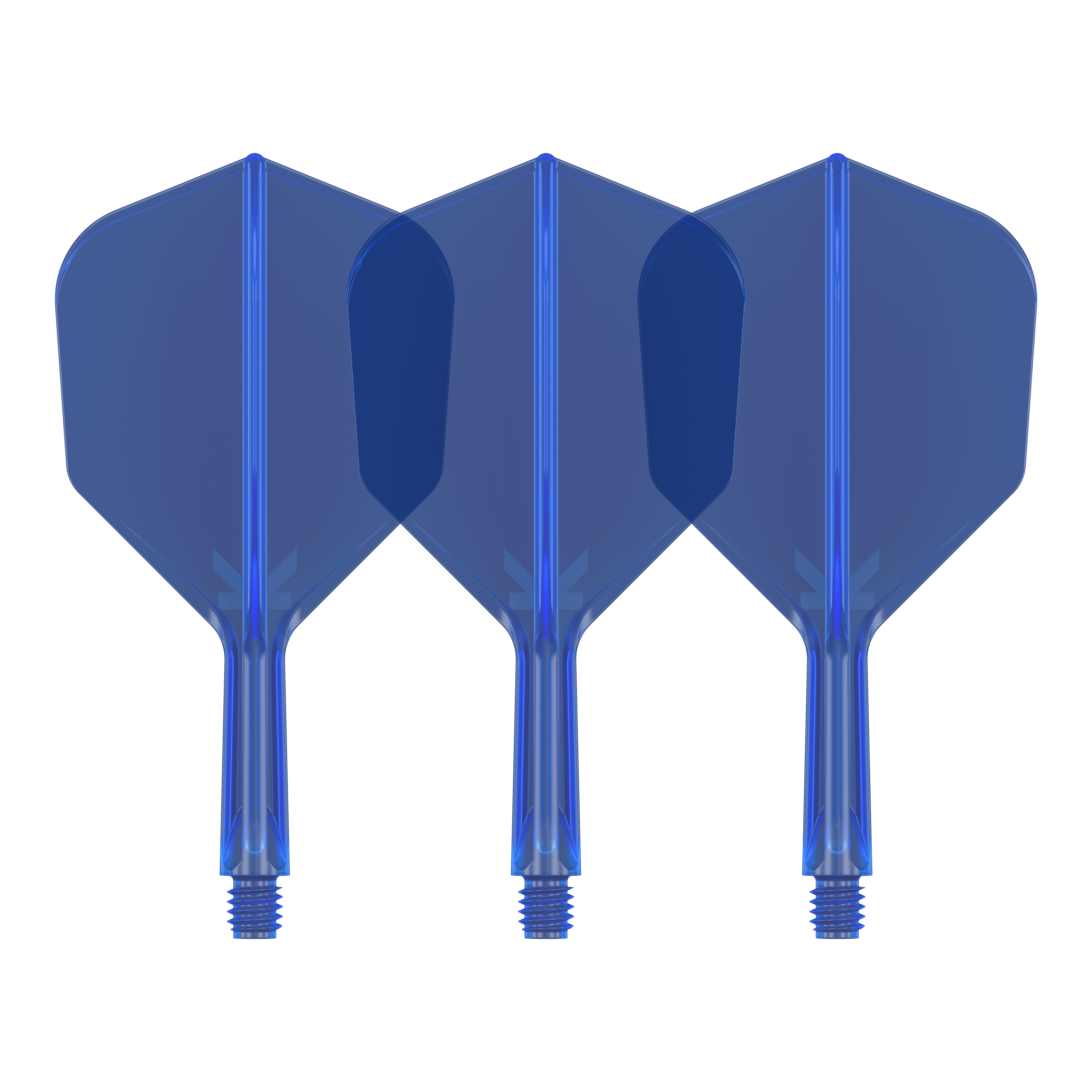 Auf dem Bild sind drei blaue Dartflights zu sehen. Sie stehen nebeneinander und haben eine sechseckige Form.