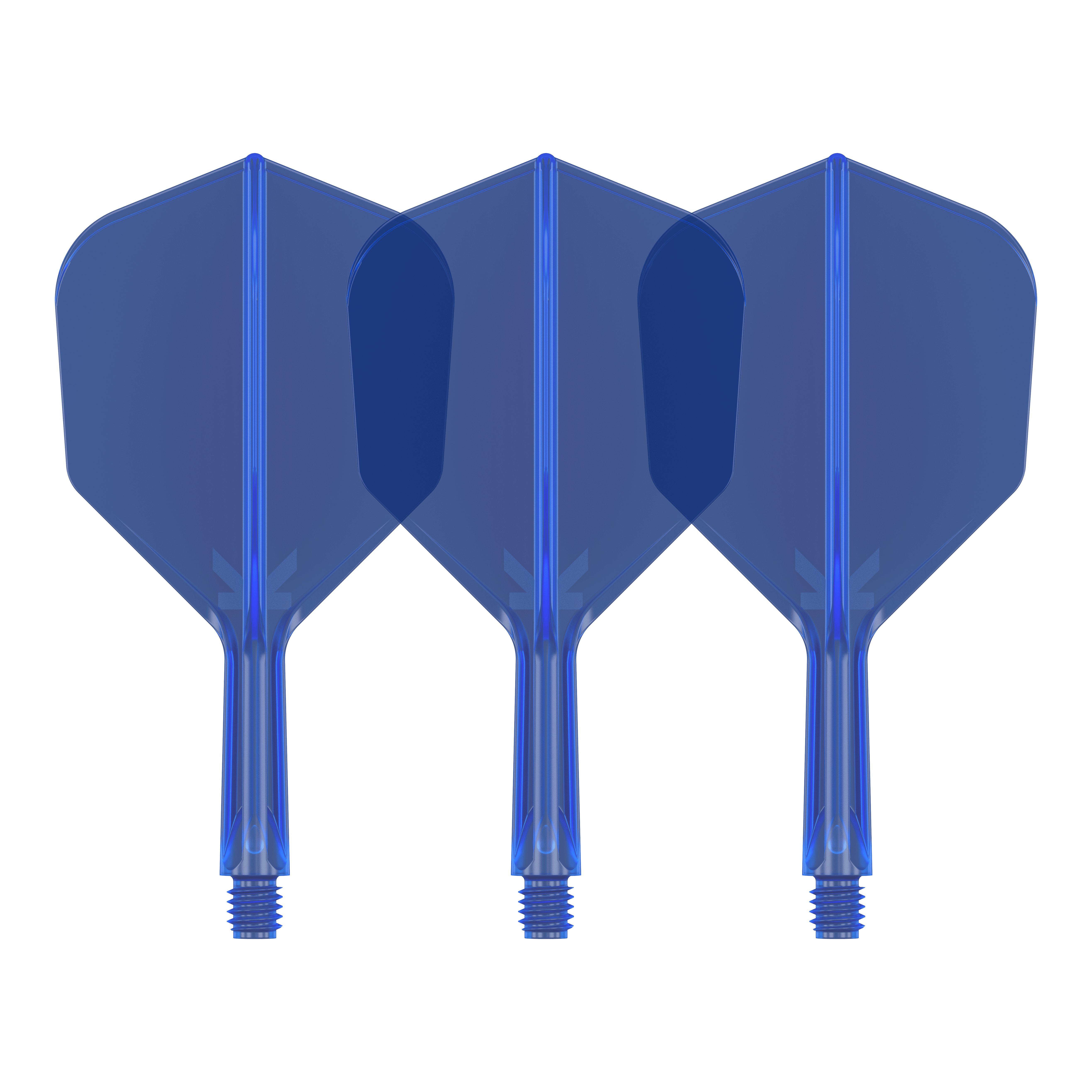 Target K-Flex No6 Flight-System - Blau Auf dem Bild sind drei blaue Dartflights zu sehen. Sie stehen nebeneinander und haben eine sechseckige Form.