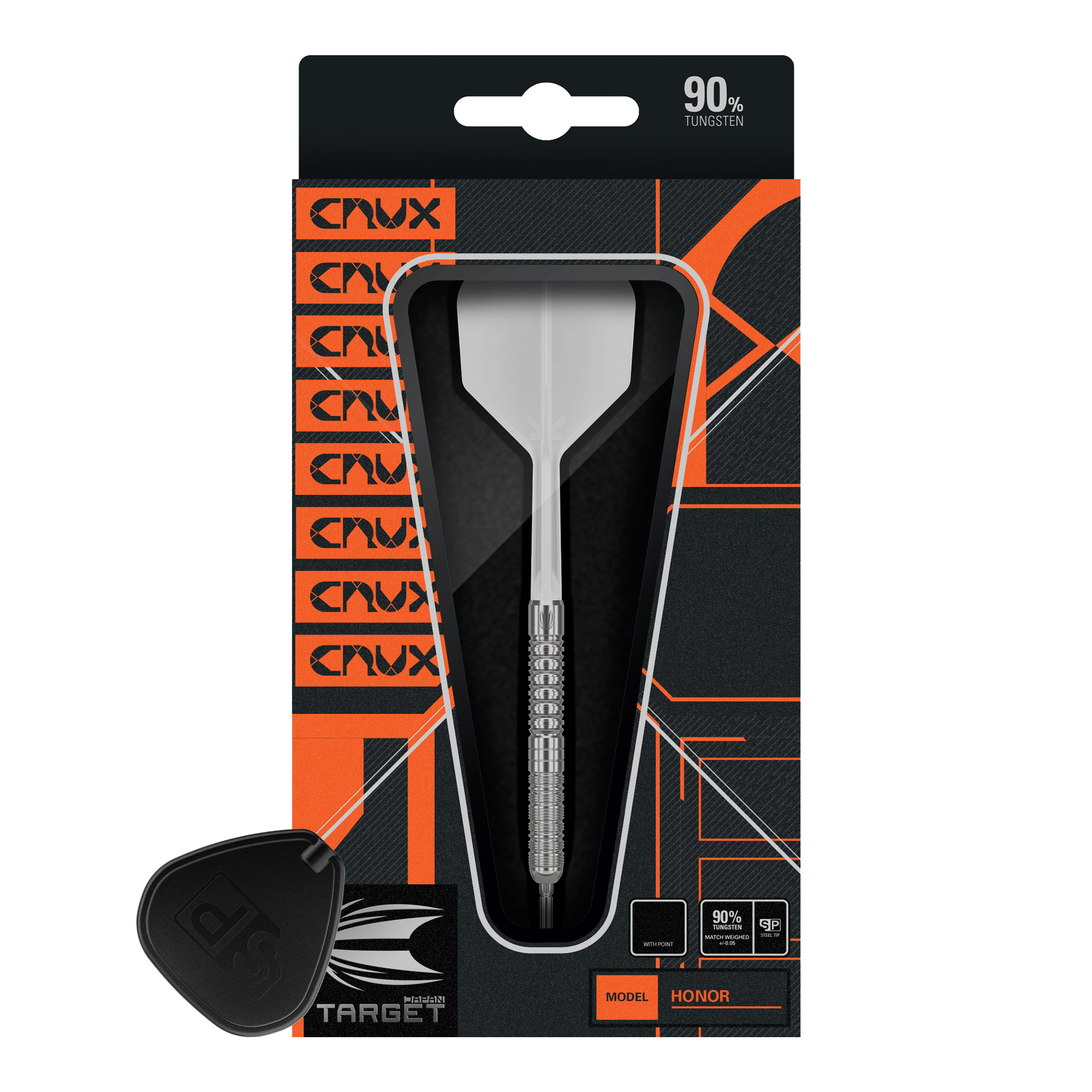 Die Verpackung zeigt den Target Japan Crux Honor Swiss Point Steeldart mit einem Gewicht von 23g. Das Design ist überwiegend schwarz und orange, mit sichtbarem Dartpfeil und Produktinformationen.