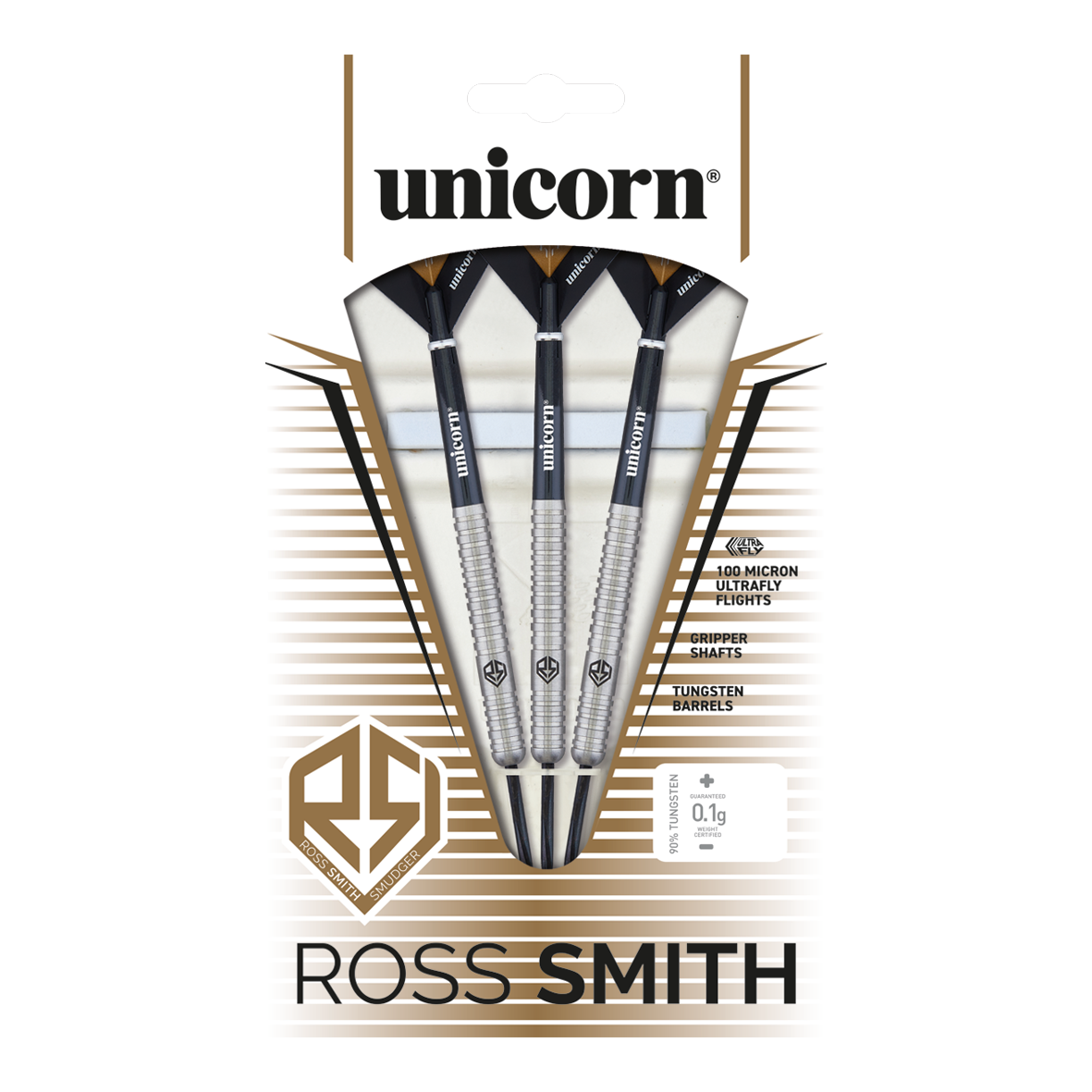 Das Bild zeigt die "Unicorn Ross Smith Natural Steeldarts" in ihrer Verpackung. Drei Steeldarts mit schwarzen Schäften und silbernen Barrels sind sichtbar.