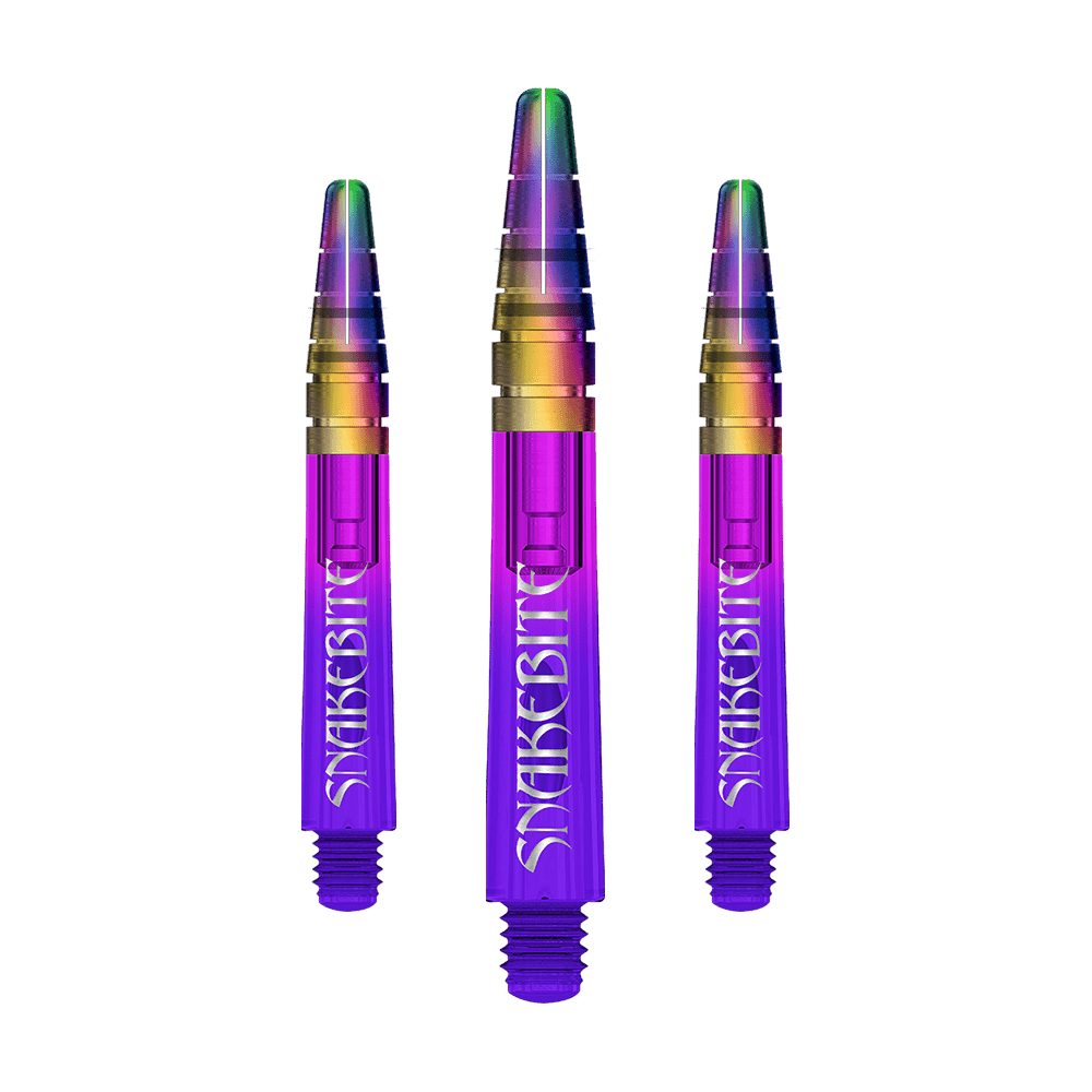 C792_Red_Dragon_Nitrotech_Peter_Wright_Purple_Ionic_Shafts_36mm_1 Auf dem Bild sind drei bunte Dartschafts in lila Farbe zu sehen, auf denen das Wort "Snakebite" steht. Die oberen Enden der Schäfte schimmern in Regenbogenfarben.