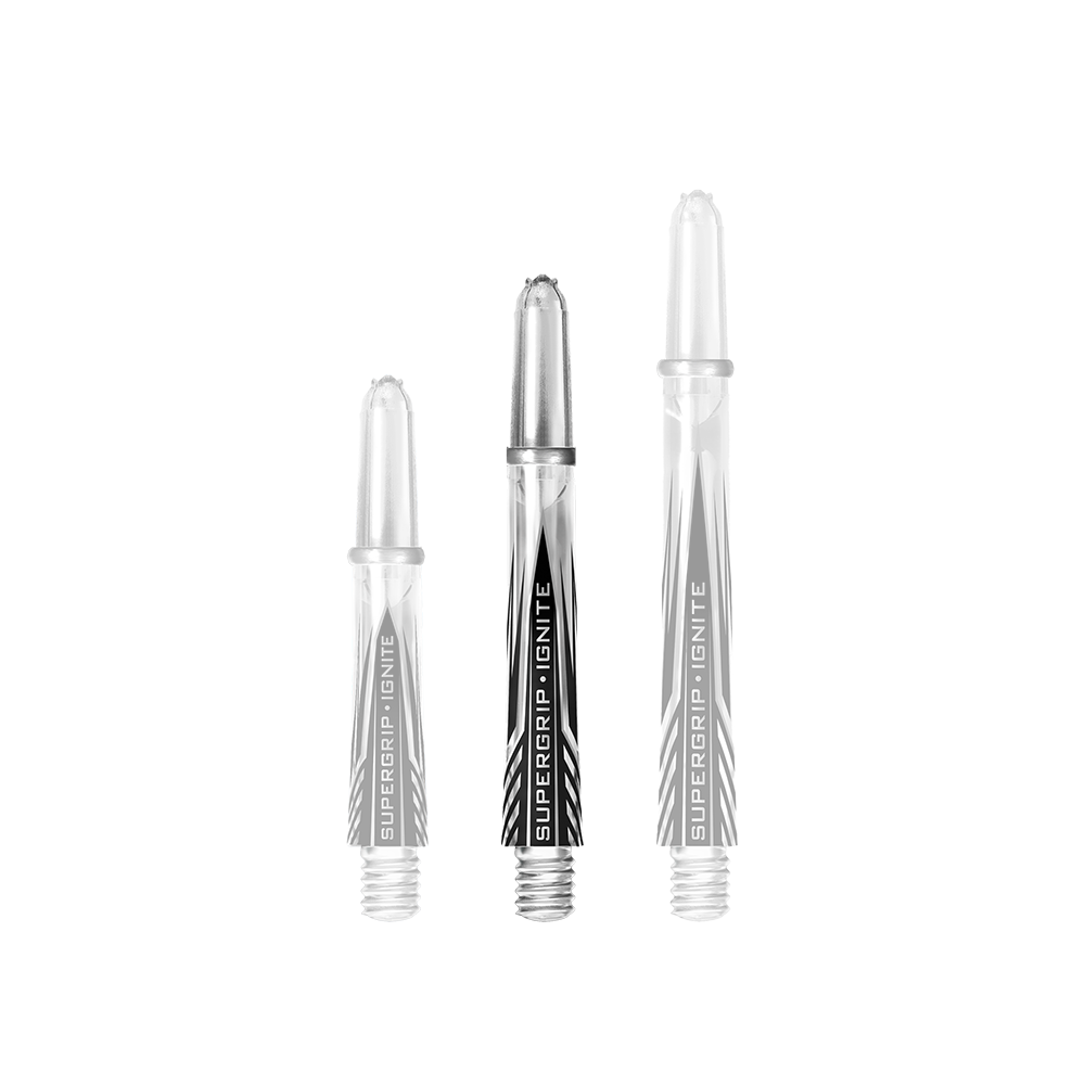 Auf dem Bild sind drei klare Harrows Supergrip Ignite Shafts in verschiedenen Längen zu sehen. Die Shafts haben einen modernen schwarzen und weißen Aufdruck mit der Aufschrift "SUPERGRIP IGNITE".