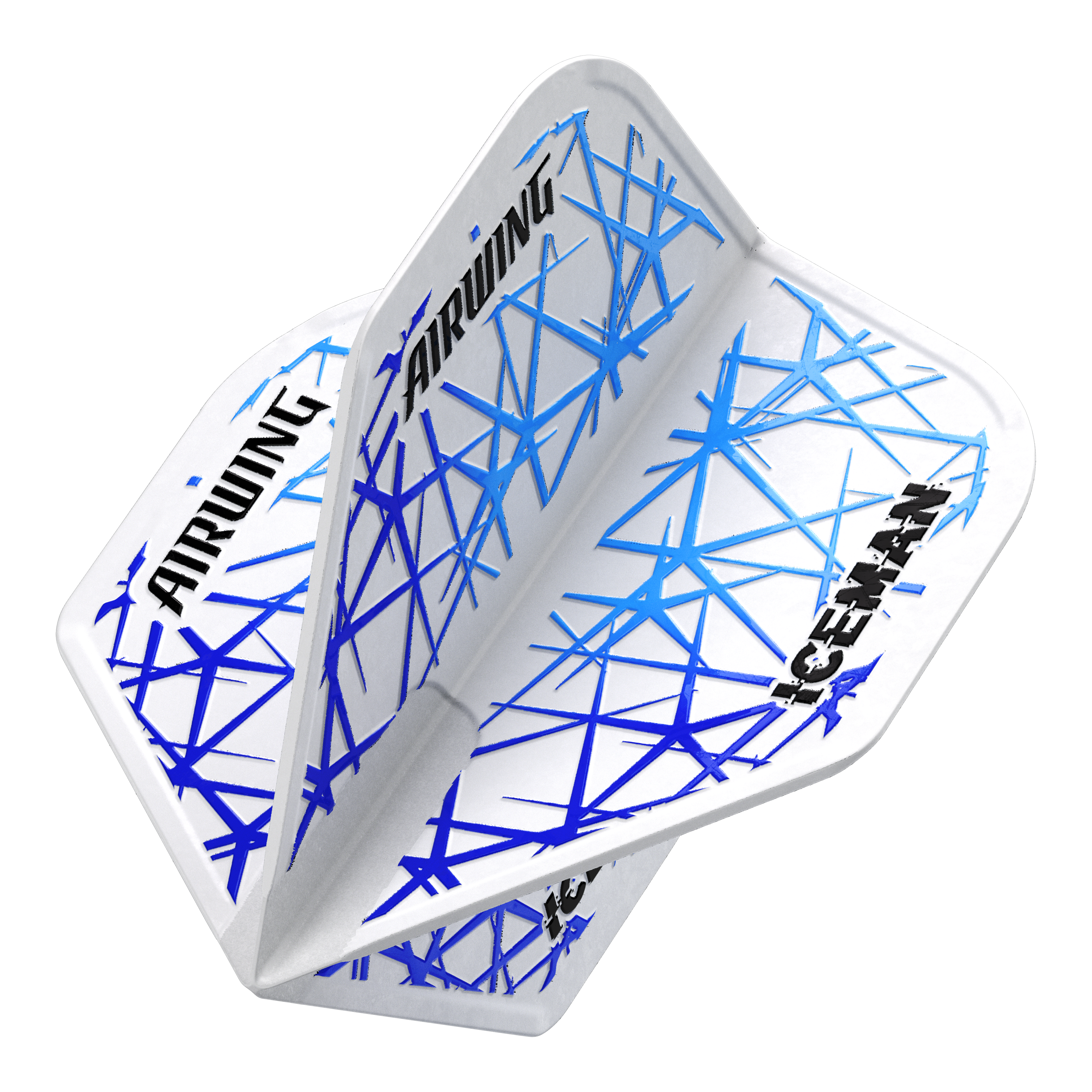 Das Bild zeigt die Red Dragon Airwing Gerwyn Price White Standard Flights. Die Flights sind weiß mit blauen Linien und dem Aufdruck „AIRWING“ und „ICEMAN“.