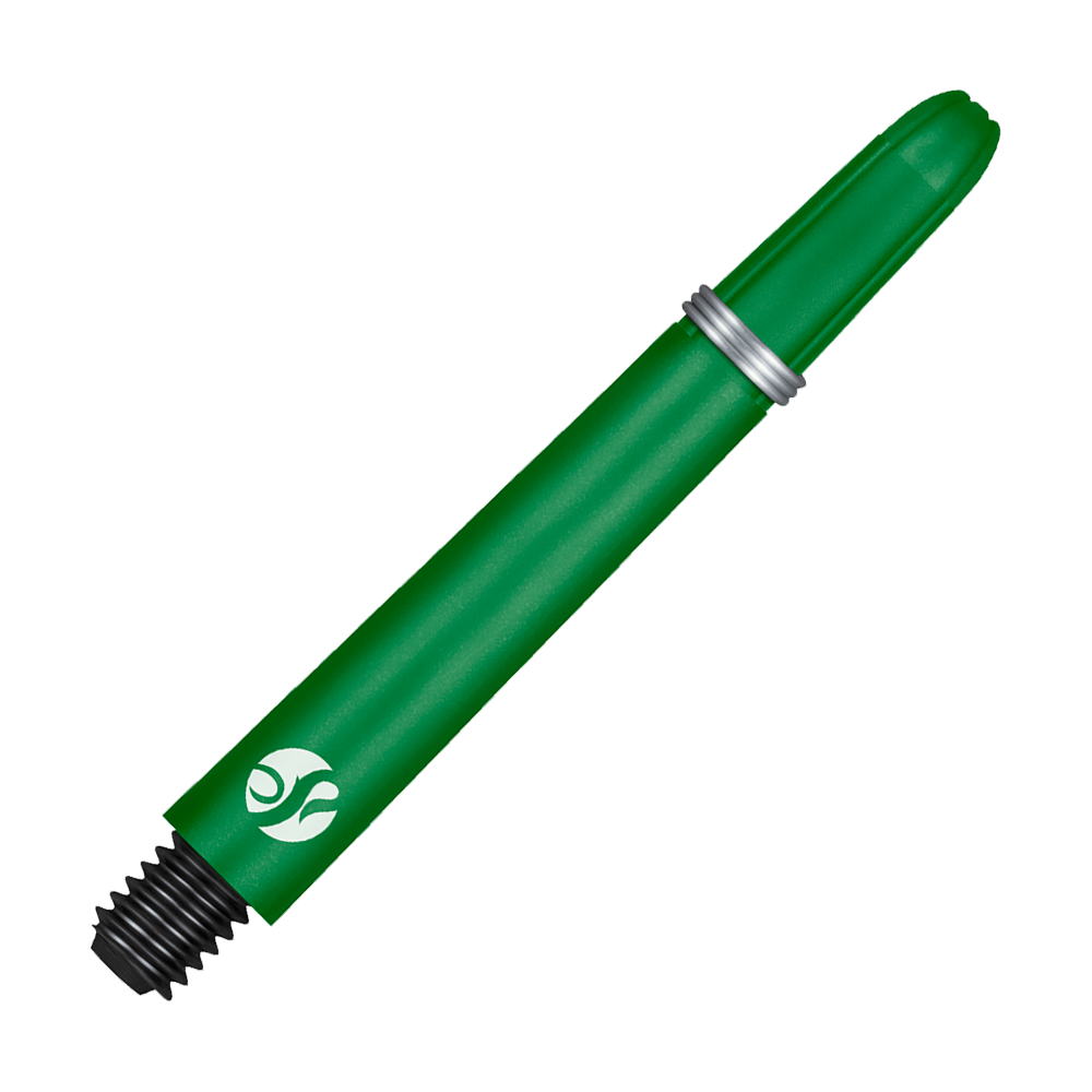 Dies ist ein grüner Dart-Schaft mit einem Metallring und einem schwarzen Gewinde. Er hat ein weißes Logo am unteren Ende.