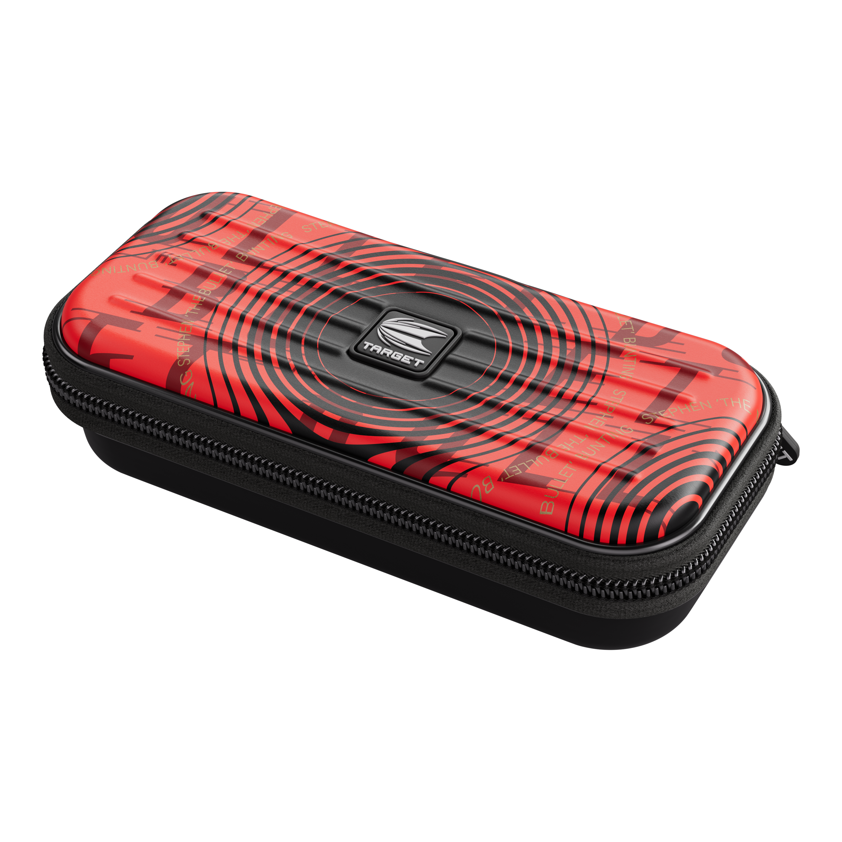 Target Takoma Stephen Bunting Dartcase Das Bild zeigt das Produkt "Target Takoma Stephen Bunting Dartcase". Das Etui ist rot mit schwarzen Kreisen und hat einen Reißverschluss.