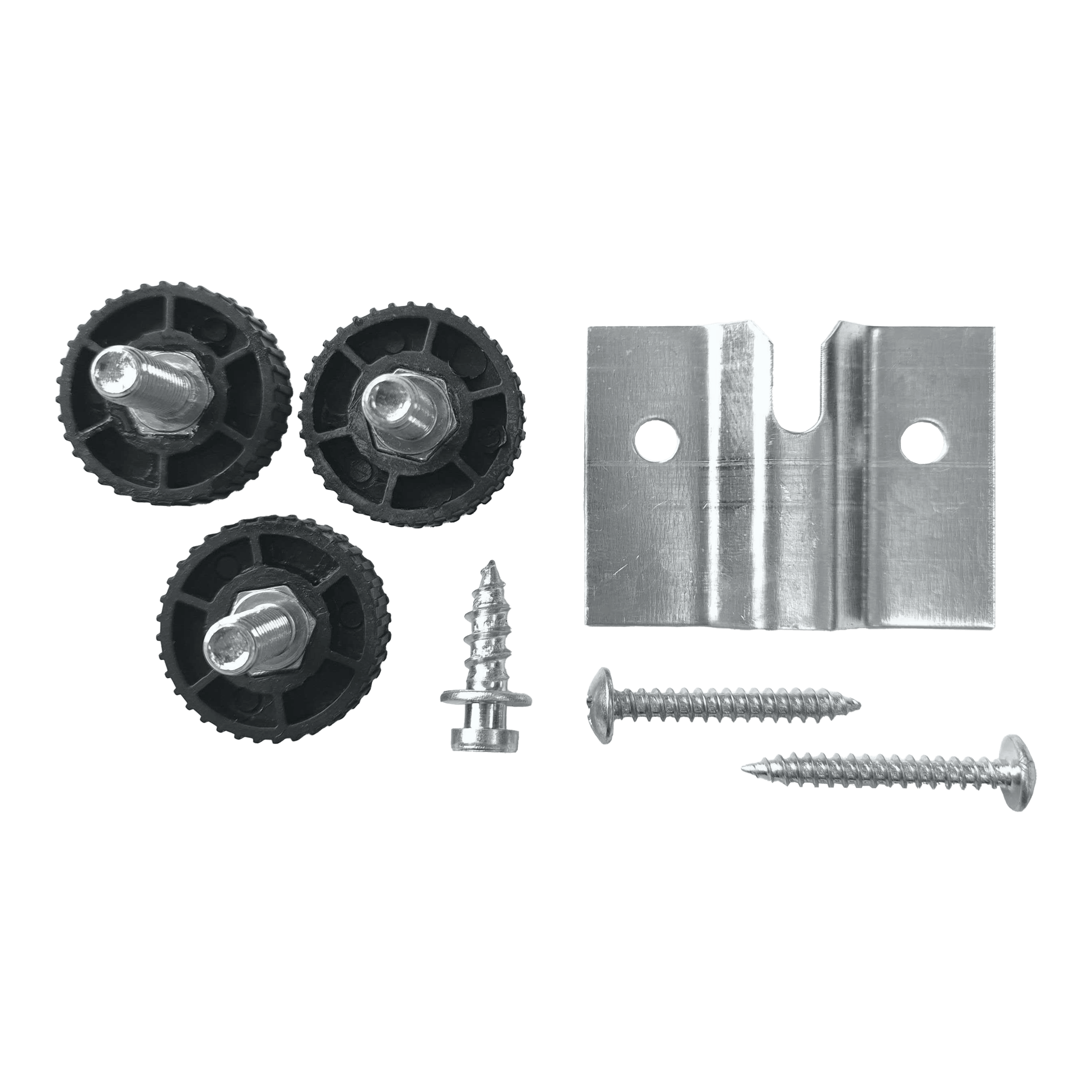 Winmau Rota-Lock Blade 6 Wandhalterung Das Bild zeigt das Winmau Rota-Lock Blade 6 Wandhalterungs-Set mit drei schwarzen Einstellrädern, einer Metallhalterung und Schrauben. Diese Teile werden verwendet, um ein Dartboard sicher an der Wand zu befestigen.