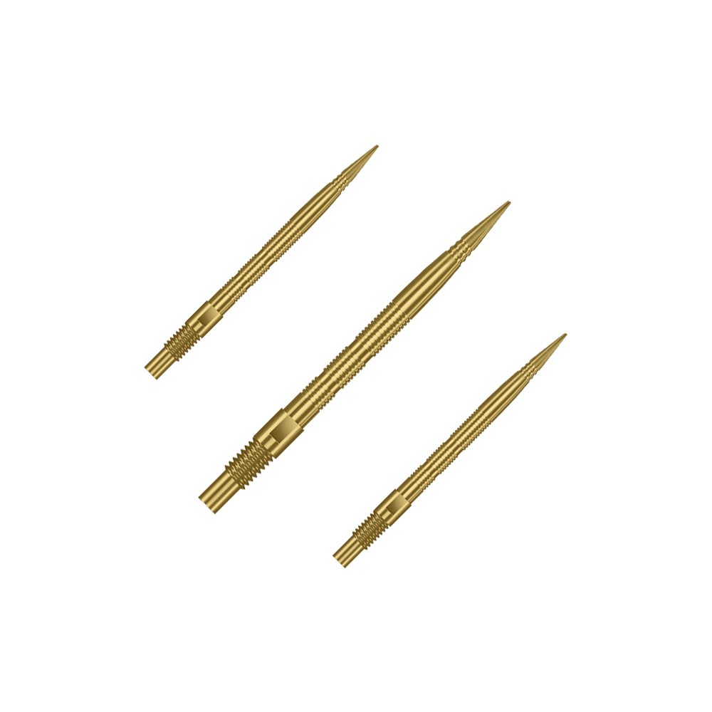 Harrows Quick Point Micro Ridge Dartspitzen - Gold Das Bild zeigt mehrere goldene Dartspitzen. Die Spitzen sind wahrscheinlich vom Typ Harrows Quick Point MicroRidge, 26mm lang.
