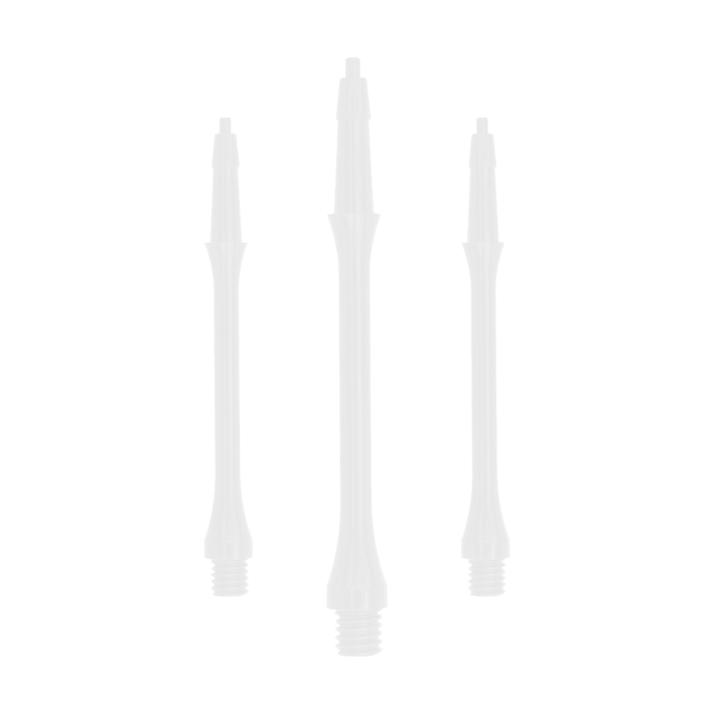 HRC-12589-W_Harrows_Clic_Slim_Shafts_White_37mm_1 Das Bild zeigt drei weiße Harrows Clic Slim Shafts. Sie sind gerade und haben ein schlankes Design für Dartpfeile.