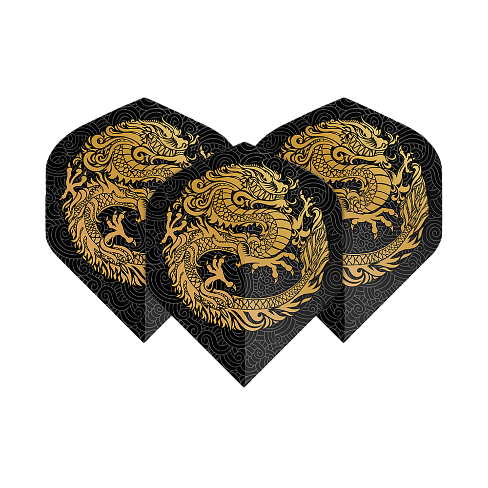 Pentathlon Flights Dragon schwarz Das Bild zeigt drei Dart-Flights mit einem auffälligen goldenen Drachen-Design auf schwarzem Hintergrund. Die Flights sind vom Typ "Pentathlon Dragon 2 Standard".