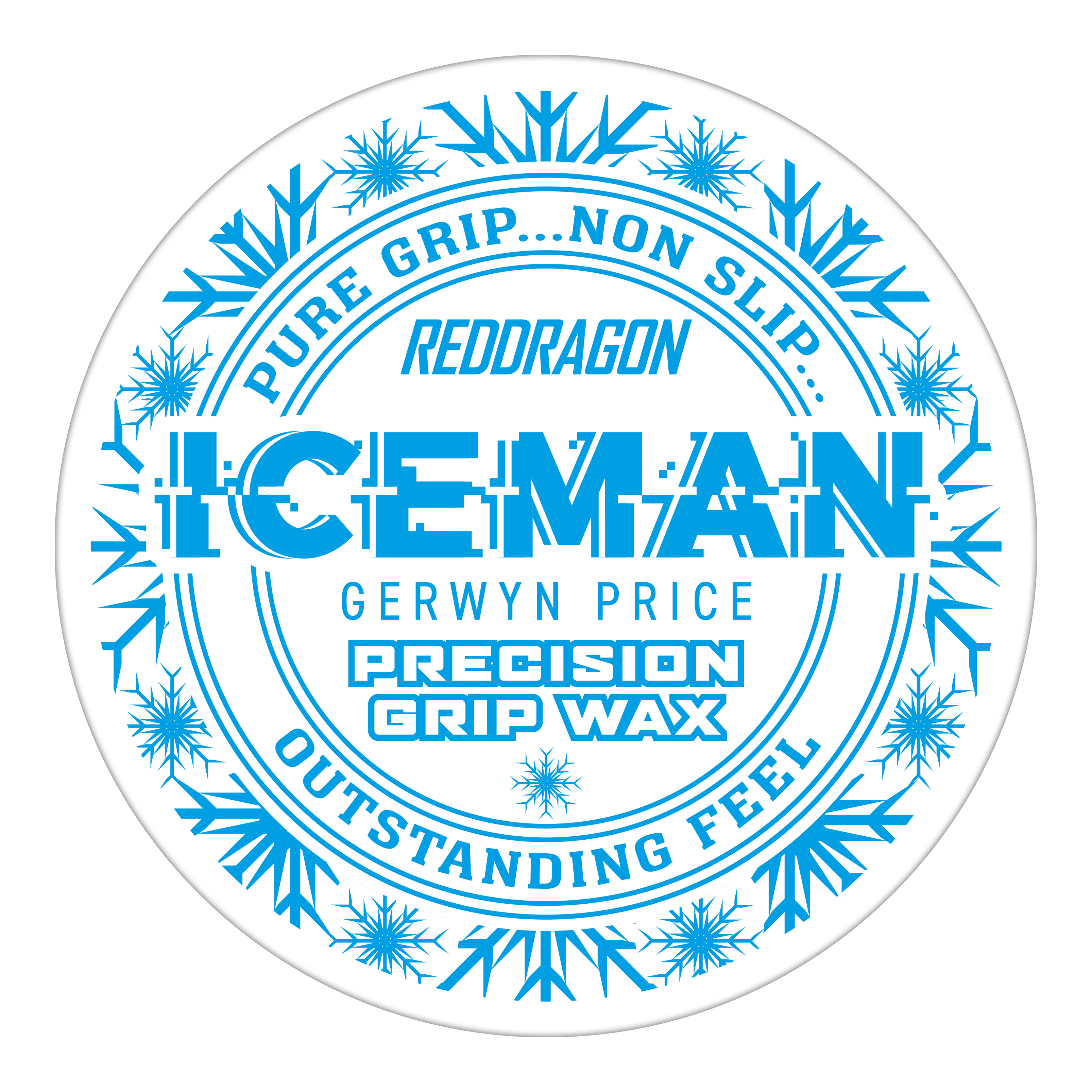 Das Bild zeigt eine runde Dose des Produkts "Red Dragon Gerwyn Price Iceman Precision Grip Wax". Auf der Dose steht in blauer Schrift, dass das Wachs für einen reinen und rutschfesten Griff sowie ein herausragendes Gefühl sorgt.
