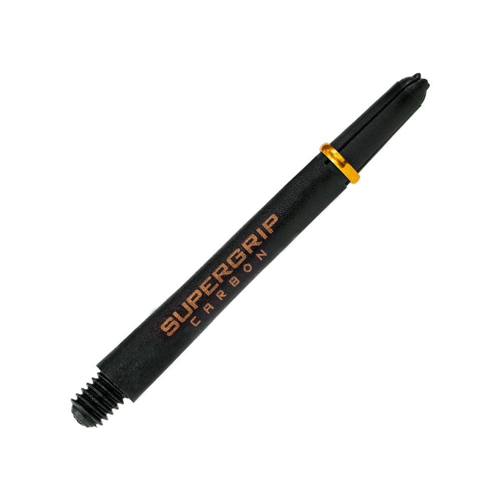 Das Bild zeigt einen Harrows Supergrip Carbon Shaft in Schwarz mit goldener Aufschrift und Ring. Der Schaft wird für Dartpfeile verwendet.