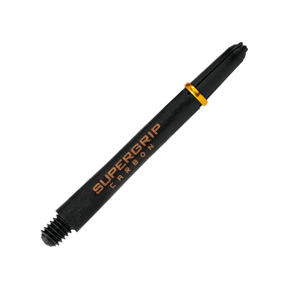 HR353_Harrows_Supergrip_Carbon_Shafts_Gold_47mm_2 Das Bild zeigt einen Harrows Supergrip Carbon Shaft in Schwarz mit goldener Aufschrift und Ring. Der Schaft wird für Dartpfeile verwendet.