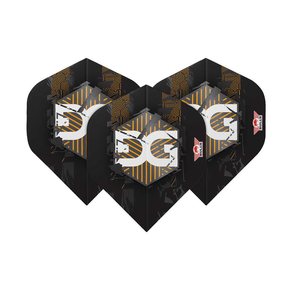 Das Bild zeigt drei schwarze Dart Flights mit gelben und weißen grafischen Elementen. Auf jedem Flight ist das Logo von Bulls und der Name "Martijn Kleermaker" zu sehen.