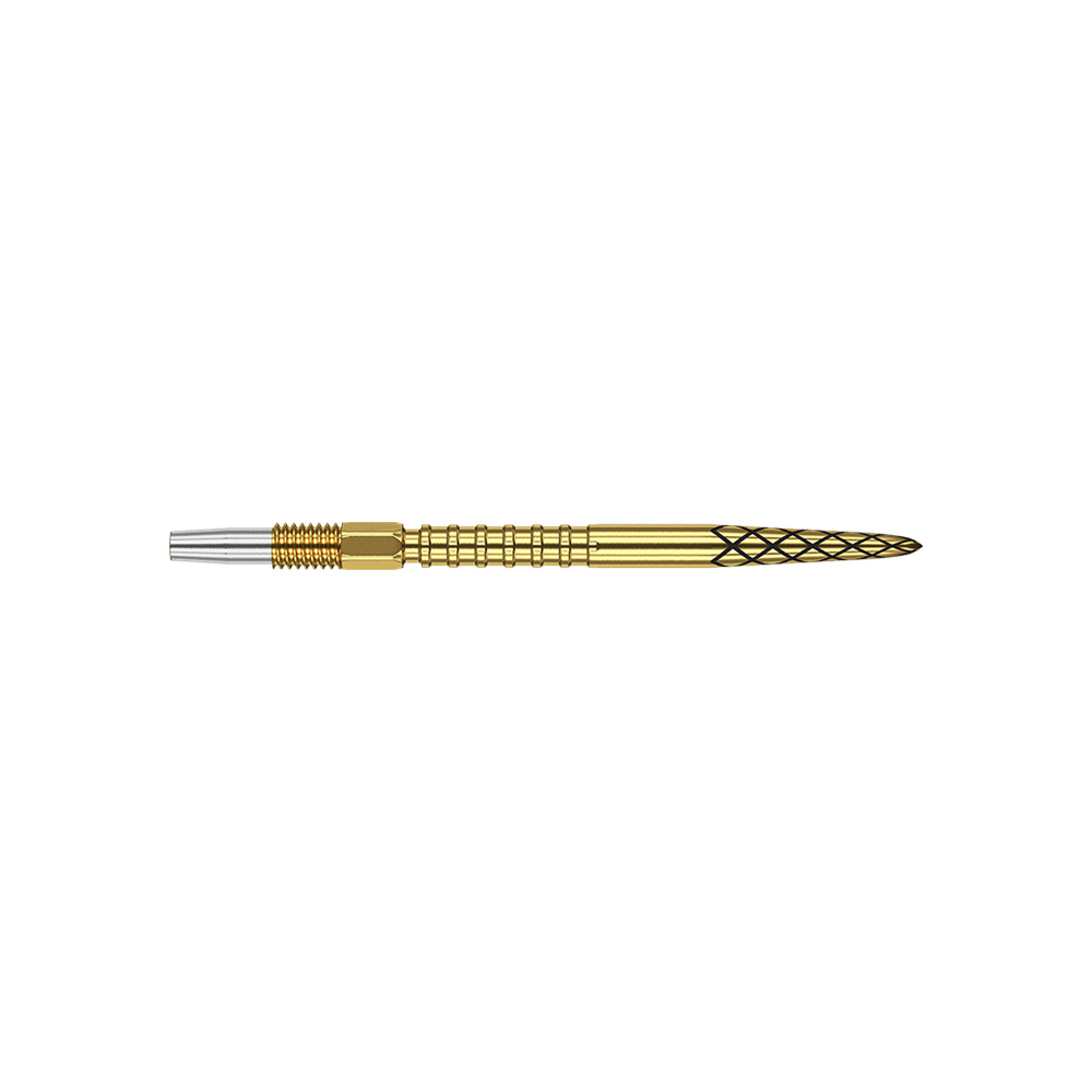 Target Swiss DS Surge Point Dartspitzen - Gold Das Bild zeigt eine goldfarbene Dartspitze mit einem feinen Rautenmuster. Der hintere Teil der Spitze ist silberfarben und geriffelt.