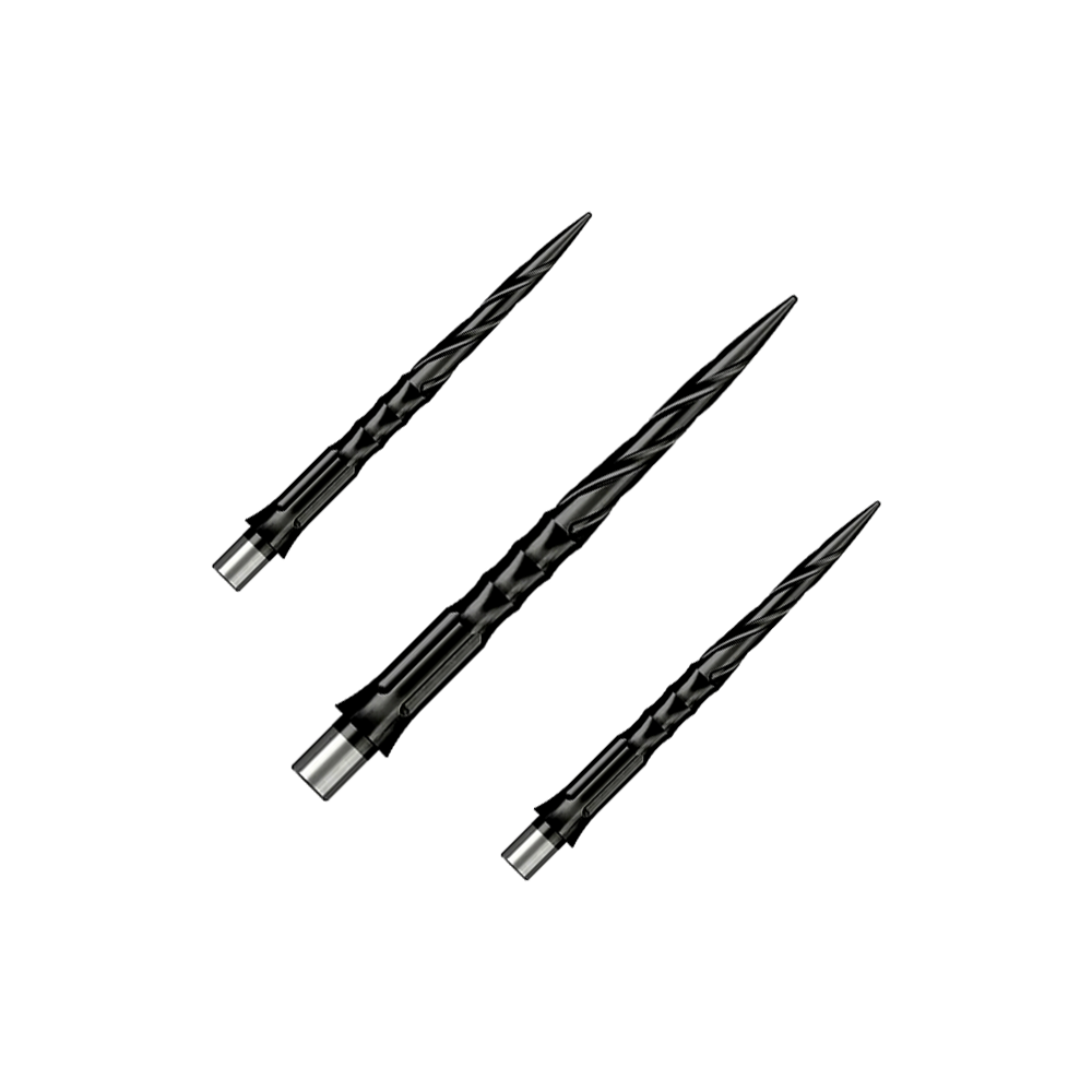 Caliburn System Steeldartspitzen - Spiro - No Lip - Black Zu sehen ist ein Set von Caliburn Evo System Steeldartspitzen Spiro NoLip Black, 28 mm. Die Spitzen eignen sich für professionelle Steeldartspiele.
