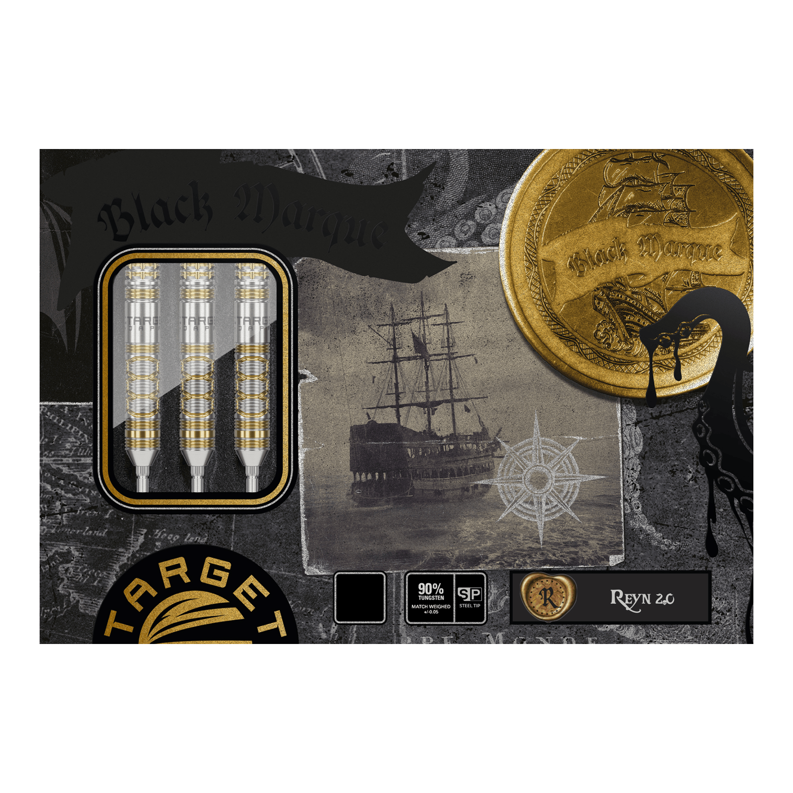 Target Japan Black Marque Reyn GEN2 Steeldarts Die Abbildung zeigt die "Target Japan Black Marque Reyn GEN2 Steeldarts" in einer ansprechend gestalteten Verpackung. Auf der Verpackung sind drei Darts, ein Segelschiff und goldene Münzen abgebildet.