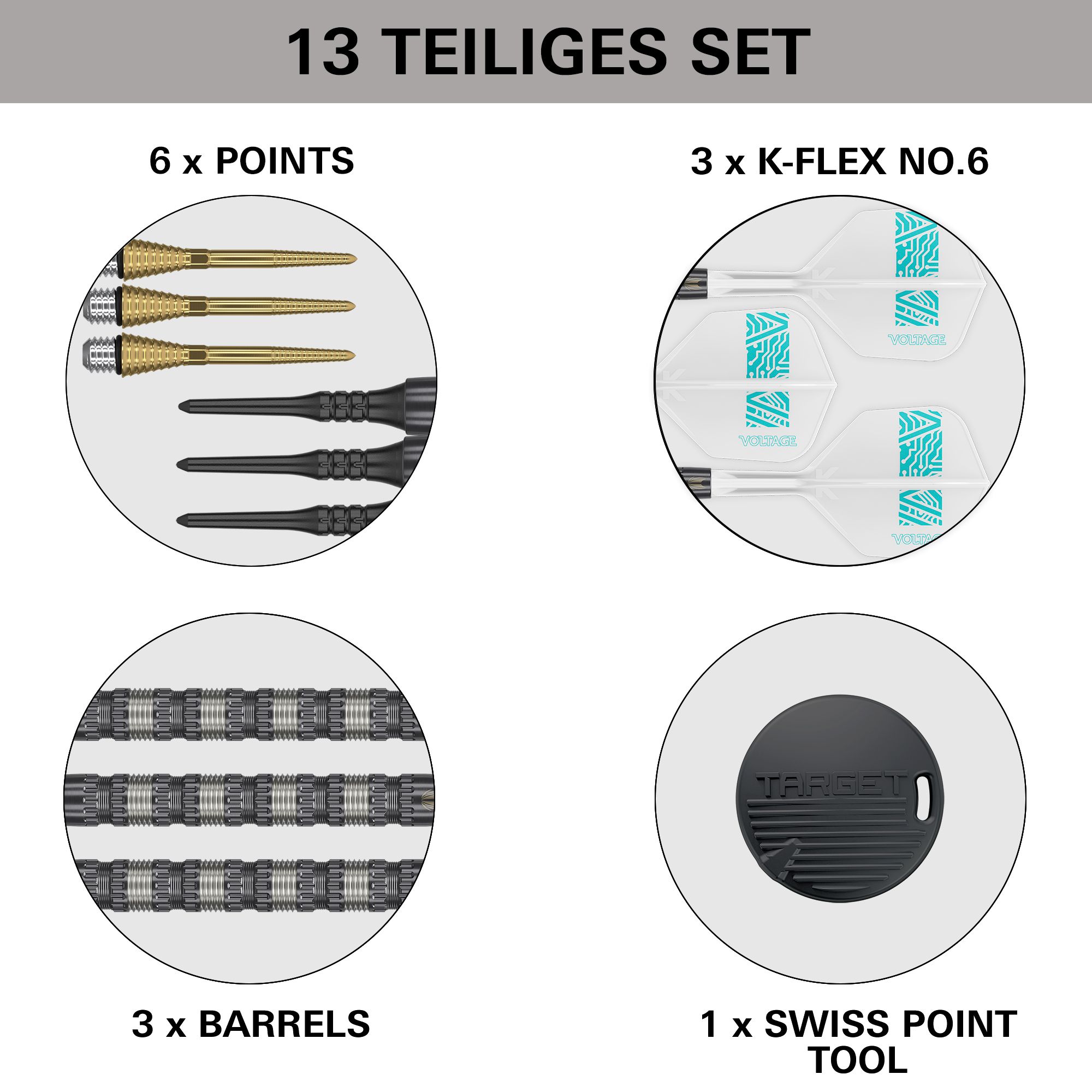 Target Rob Cross 95K Swiss Point Softdarts - 18g Dieses Bild zeigt den Lieferumfang des "Target Rob Cross 95K Swiss Point Softdarts - 18g" Sets. Enthalten sind 6 Spitzen, 3 Flights, 3 Barrels und 1 Swiss Point Tool.