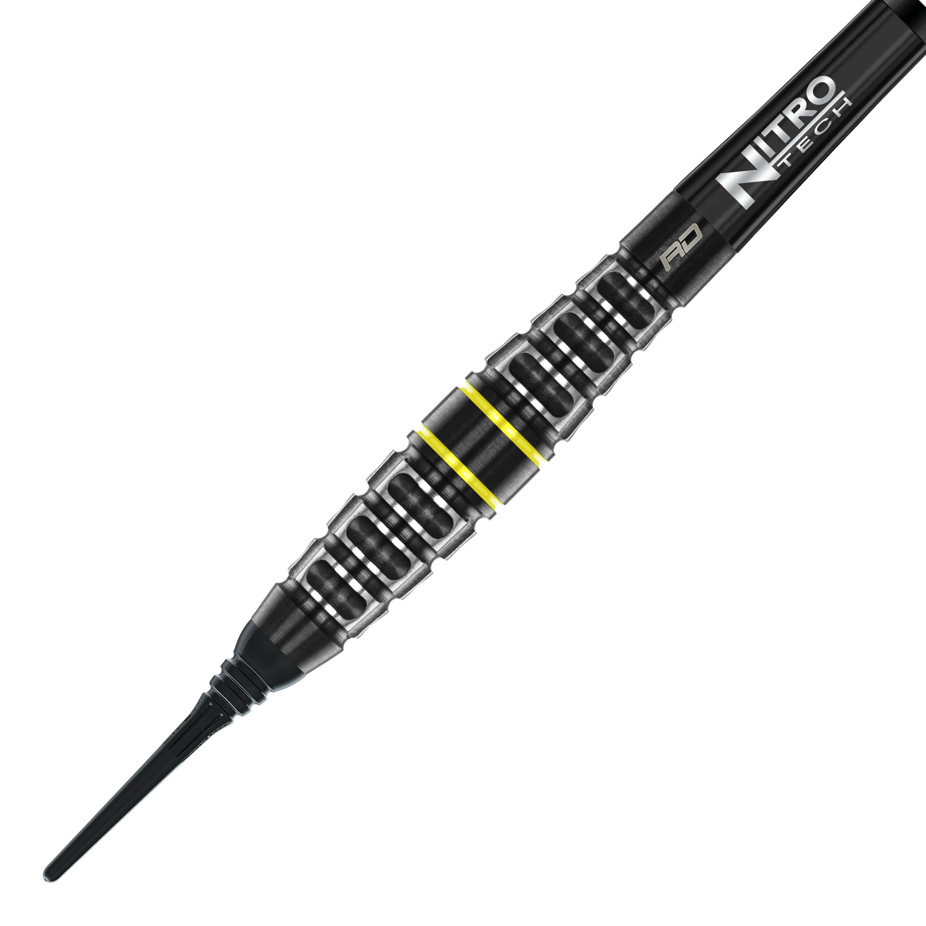 Red Dragon Astraeus Q4X Torpedo Softdarts - 20g Auf dem Bild ist der Red Dragon Astraeus Q4X Torpedo Softdart mit 20g Gewicht zu sehen. Der Dart hat ein schwarzes Design mit silbernen und gelben Akzenten sowie der Aufschrift "Nitro Tech".