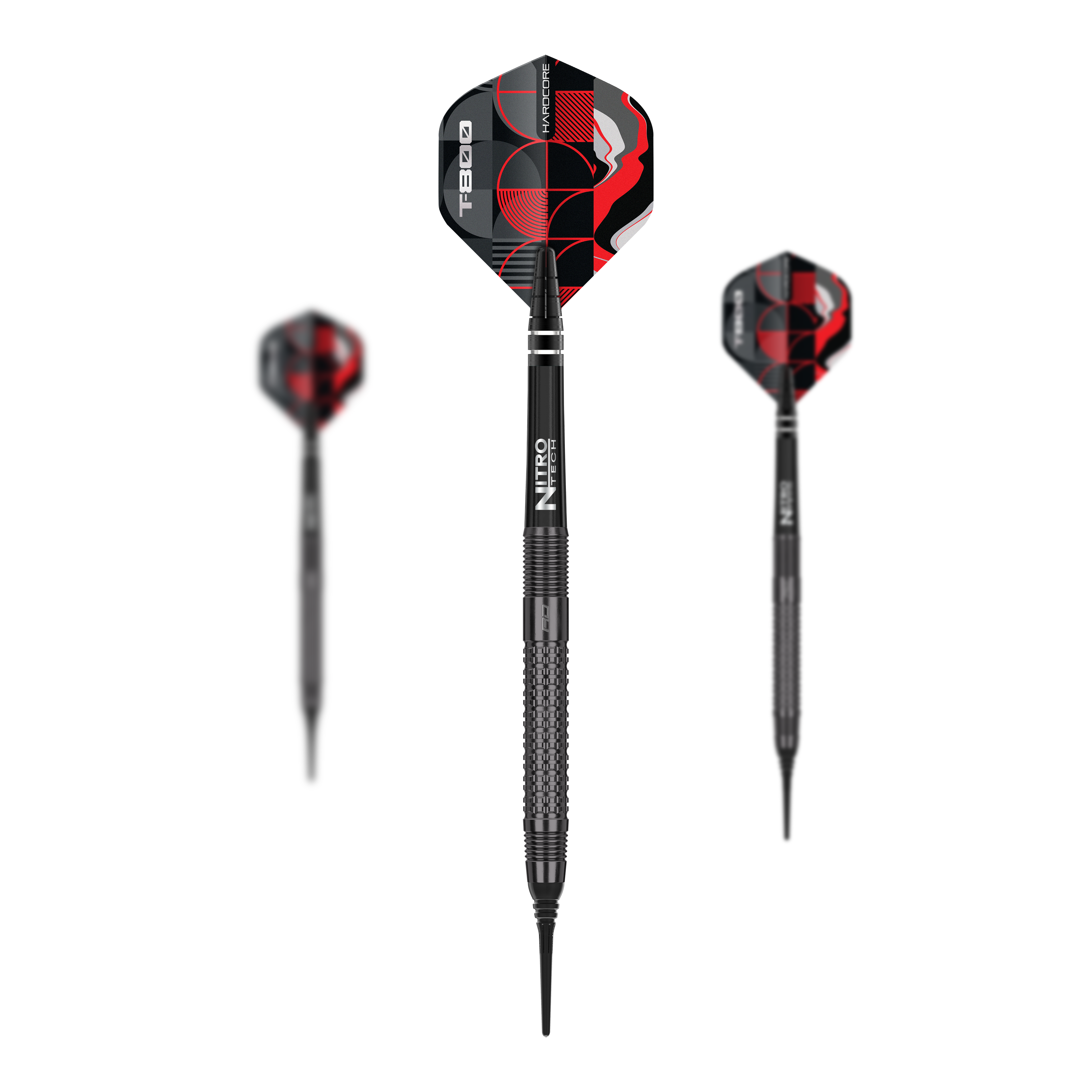 Das Bild zeigt drei Softdarts des Modells „Red Dragon T-800“ mit einem Gewicht von 20g. Die Flights sind schwarz-rot gemustert und auf dem Schaft steht „Nitro“.