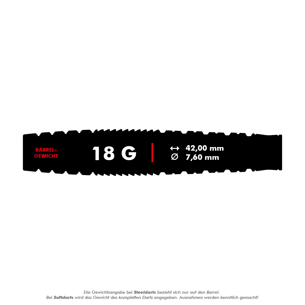 Das Bild zeigt die Produktspezifikationen der Target Japan Black Marque Phantom Softdarts mit einem Gewicht von 18 Gramm. Der Barrel ist 42,00 mm lang und hat einen Durchmesser von 7,60 mm.