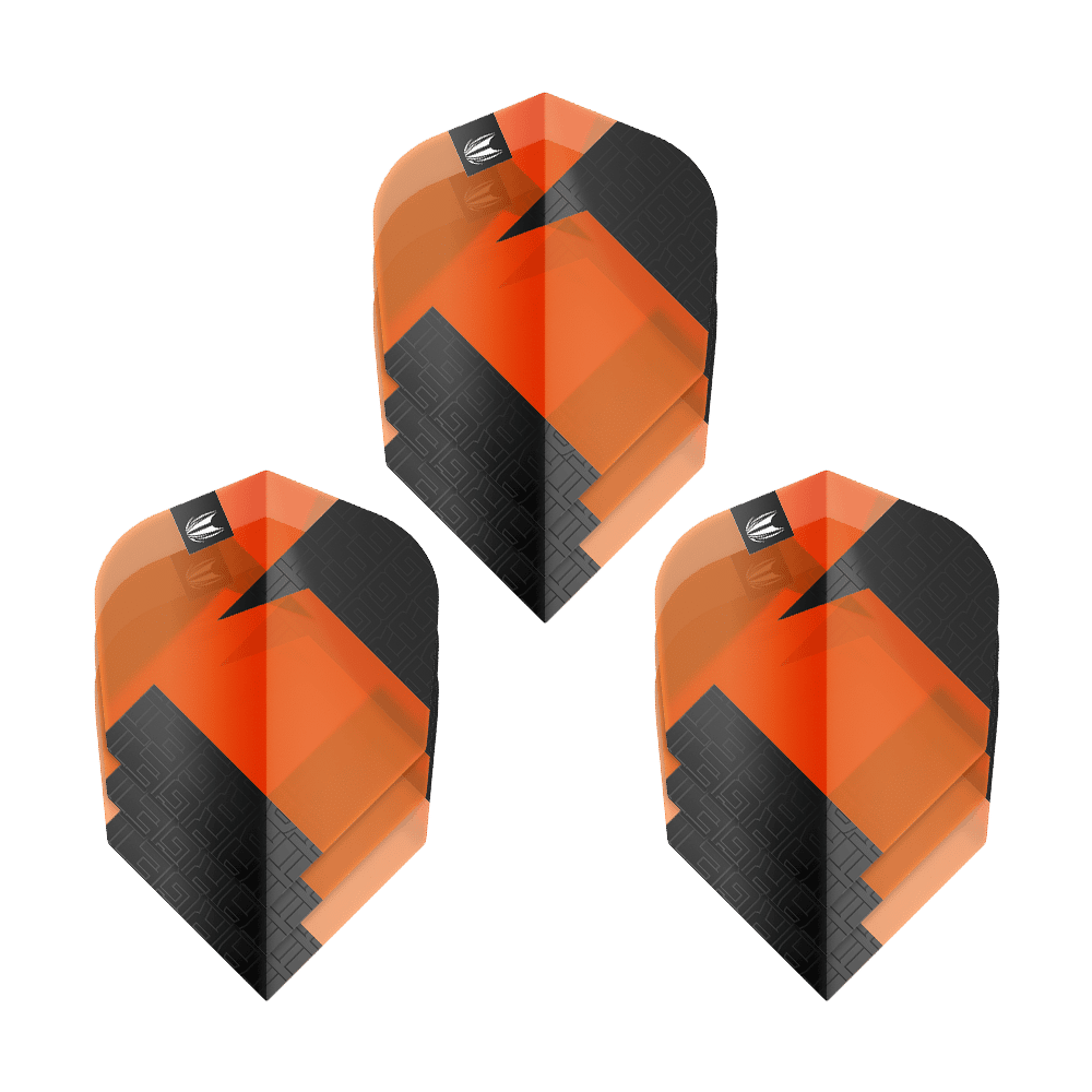 Das Bild zeigt drei Sätze Target Pro Ultra TAG Orange No6 Standard Flights. Die Flights sind orange und schwarz mit einem modernen, geometrischen Design.