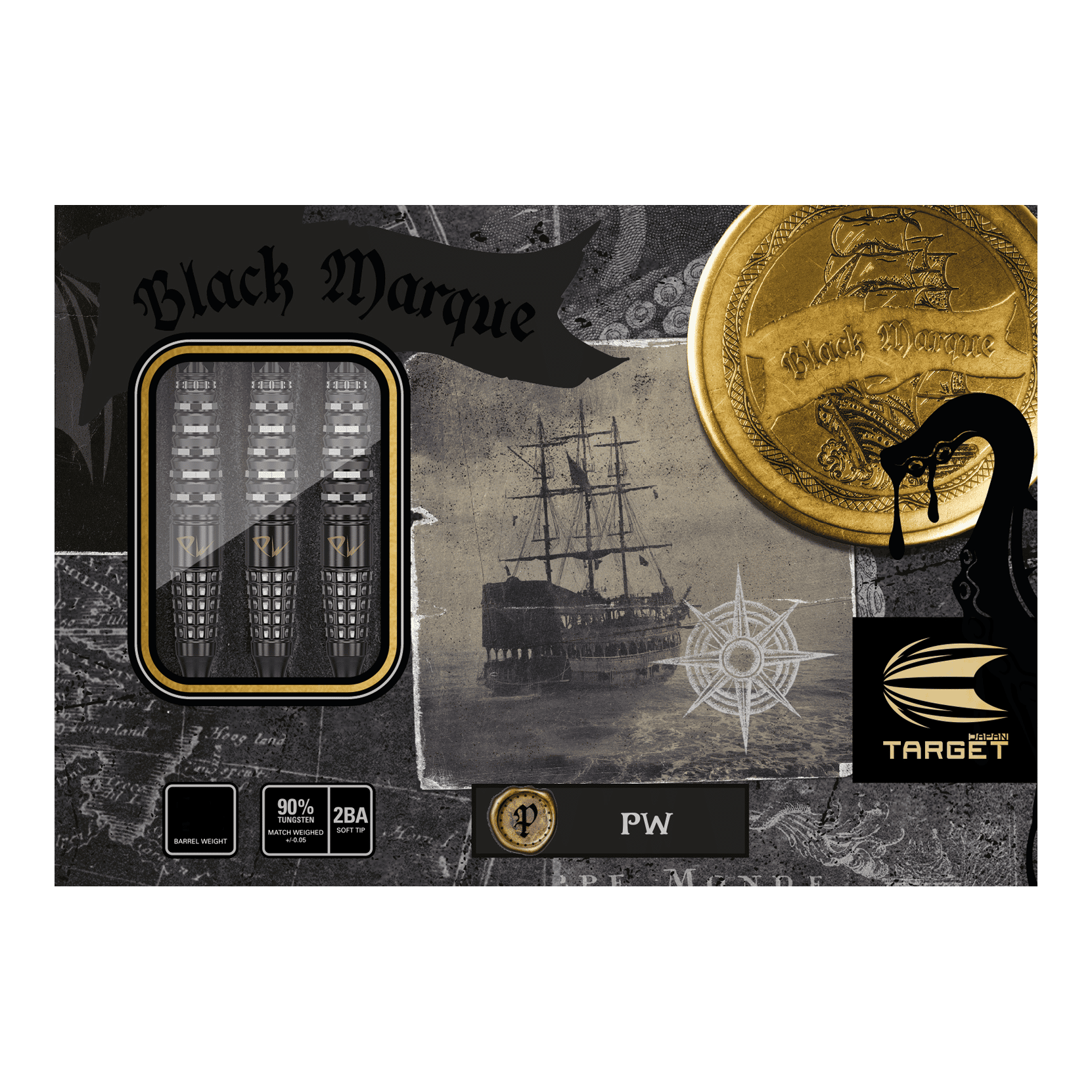 Das Bild zeigt die Verpackung der "Target Japan Black Marque PW Softdarts - 18g". Auf der Verpackung sind drei Darts, ein historisches Segelschiff und goldene Münzen abgebildet.