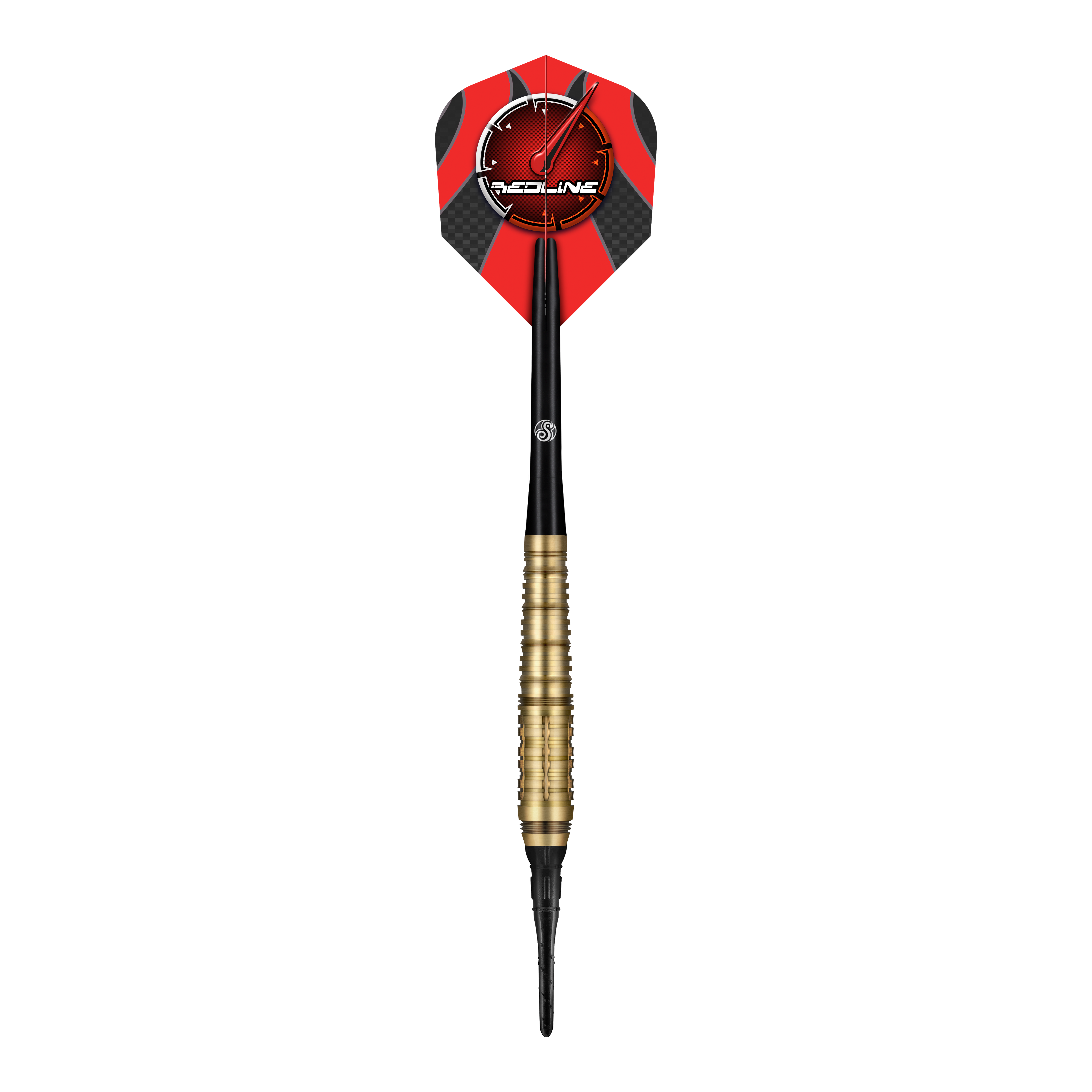 Shot Redline Mach 1 Softdarts - 20g Das Bild zeigt einen Shot Redline Mach 1 Softdart mit einem Gewicht von 20g. Der Dart hat einen goldenen Griffbereich, einen schwarzen Schaft und eine rote Flights mit dem Redline-Logo.