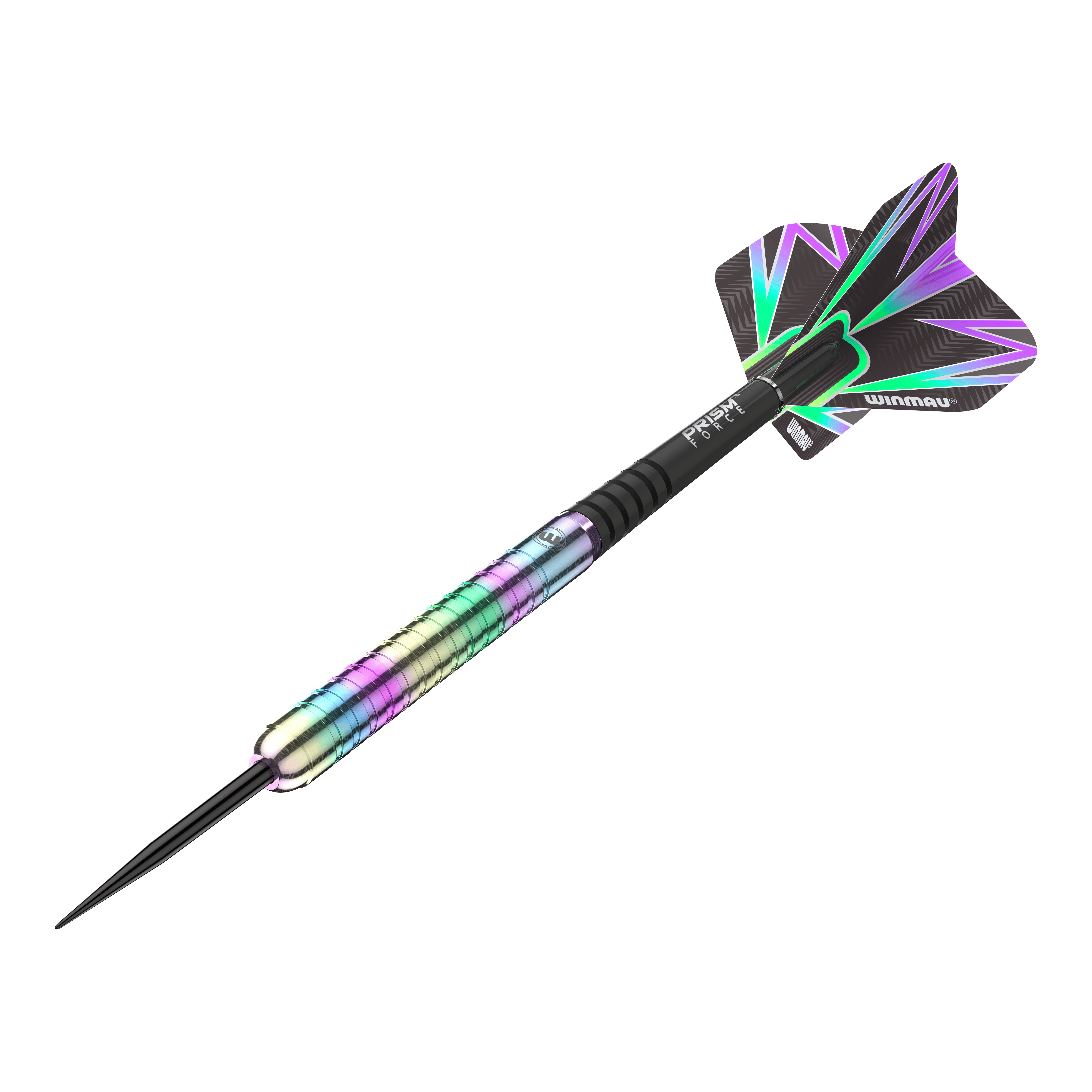 Das Bild zeigt einen Winmau Foxfire Urban Steeldart mit einem bunten, metallischen Schaft. Die Flights sind schwarz mit auffälligen, farbigen Mustern.