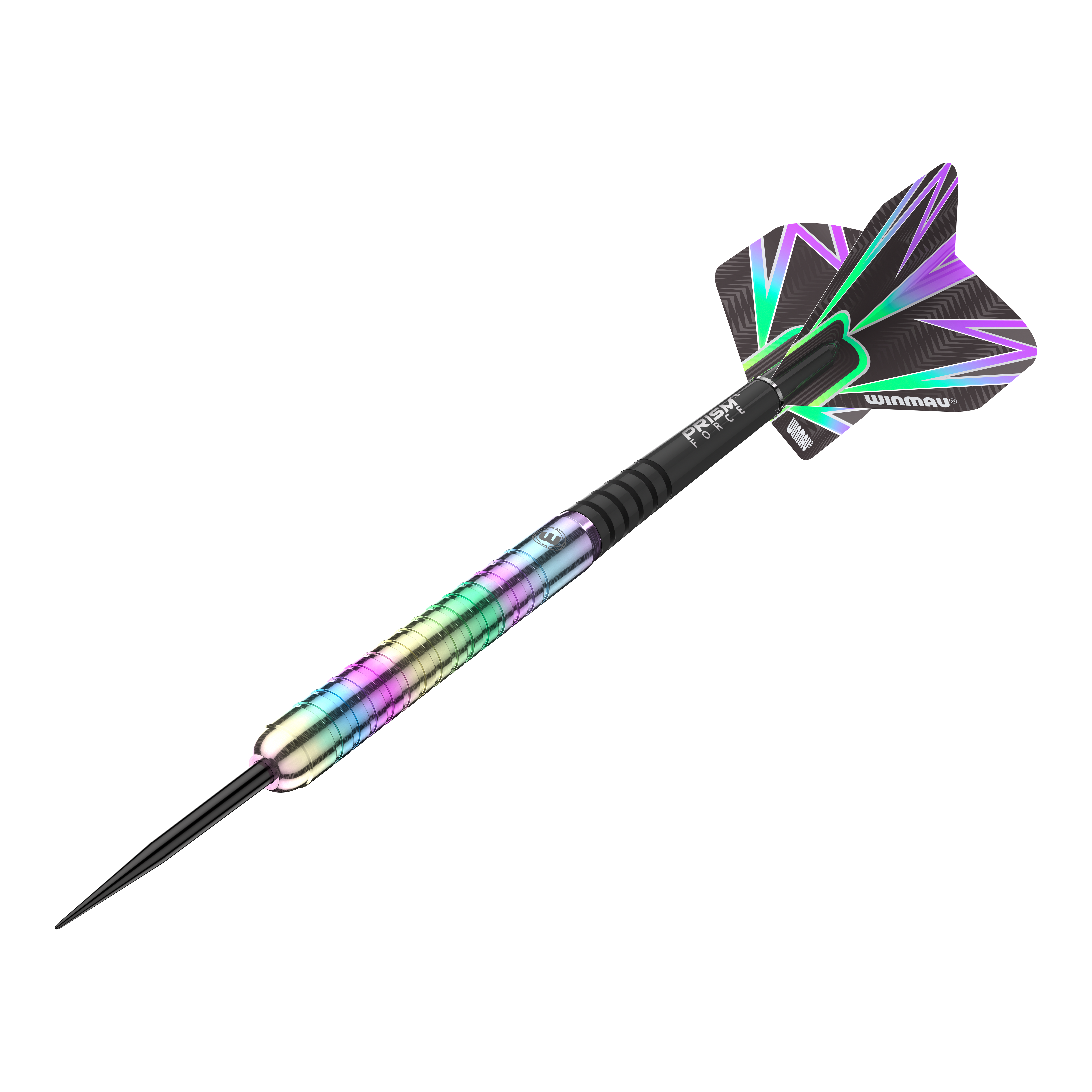 Winmau Foxfire Urban Steeldarts Das Bild zeigt einen Winmau Foxfire Urban Steeldart mit einem bunten, metallischen Schaft. Die Flights sind schwarz mit auffälligen, farbigen Mustern.